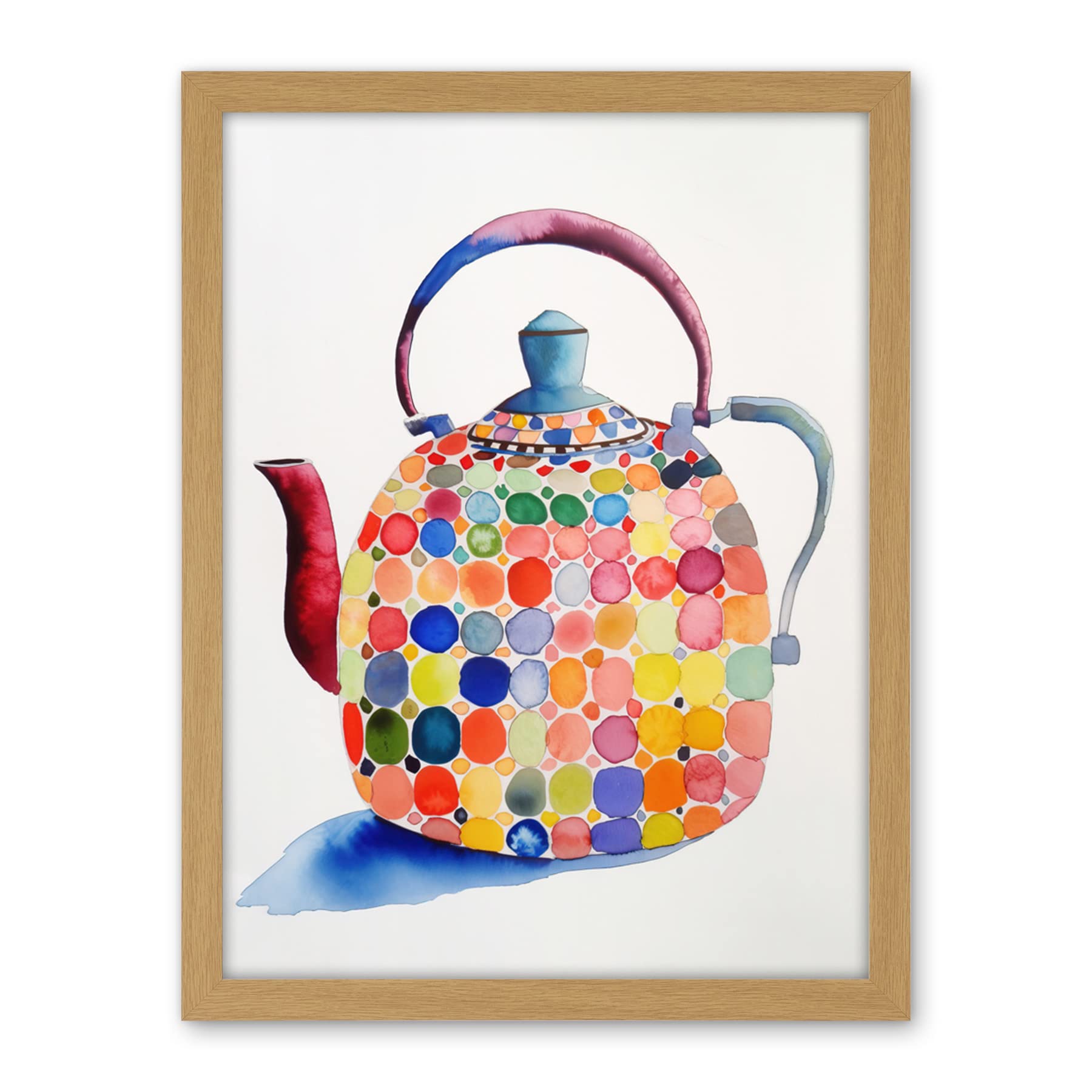 Artery8 Colourful Enamelled Teapot Tea Kettle Folk Art Watercolour Painting Artwork Framed Wall Art Print 18X24 Inch