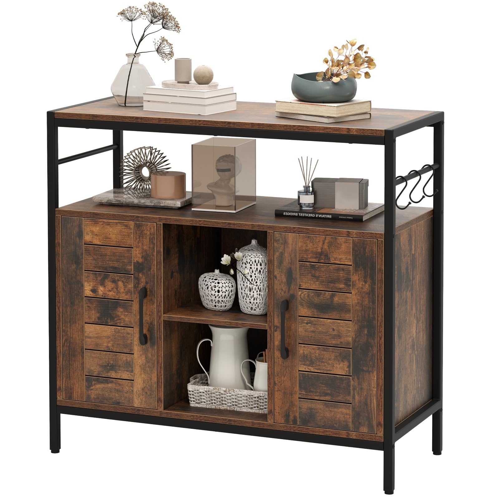 KOMFOTTEU Küchenbuffet Industriestil, Küchenschrank aus Holz & Metall, Aufbewahrungsschrank mit 2 Türen, offene Fäche & verstellbare Regale, Sideboard für Küche Flur Esszimmer