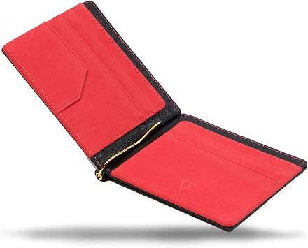 GRAV Money Clip, Mens Card Case, Wallet, Billfold, Leather IC Card Pocket, Hidden Pocket, multicolor black / red