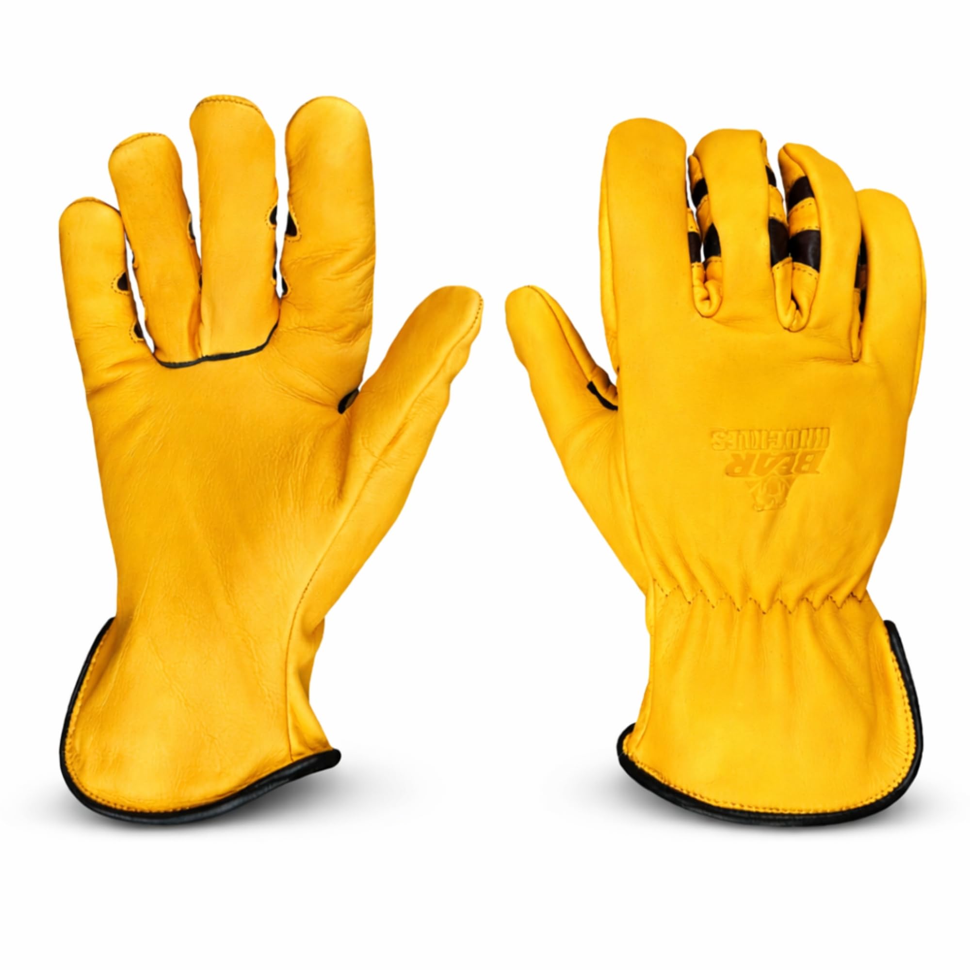 Bear Knuckles Leather Work Gloves for Men D357 Large. Cowhide Work Gloves with Pre-Curved Finger Design. Water Resistant Leather Gloves for