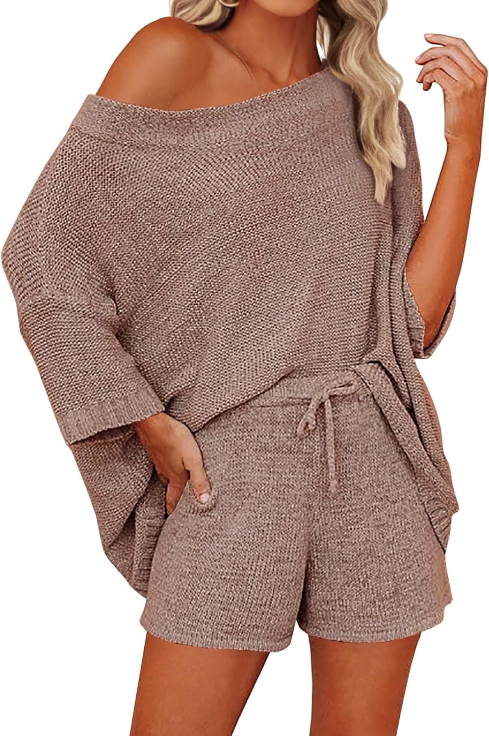 Mafulus Women's 2 Piece Outfits Sweater Sets Off Shoulder Knit Top Shorts Matching Suits Cute Pajama Lounge Set