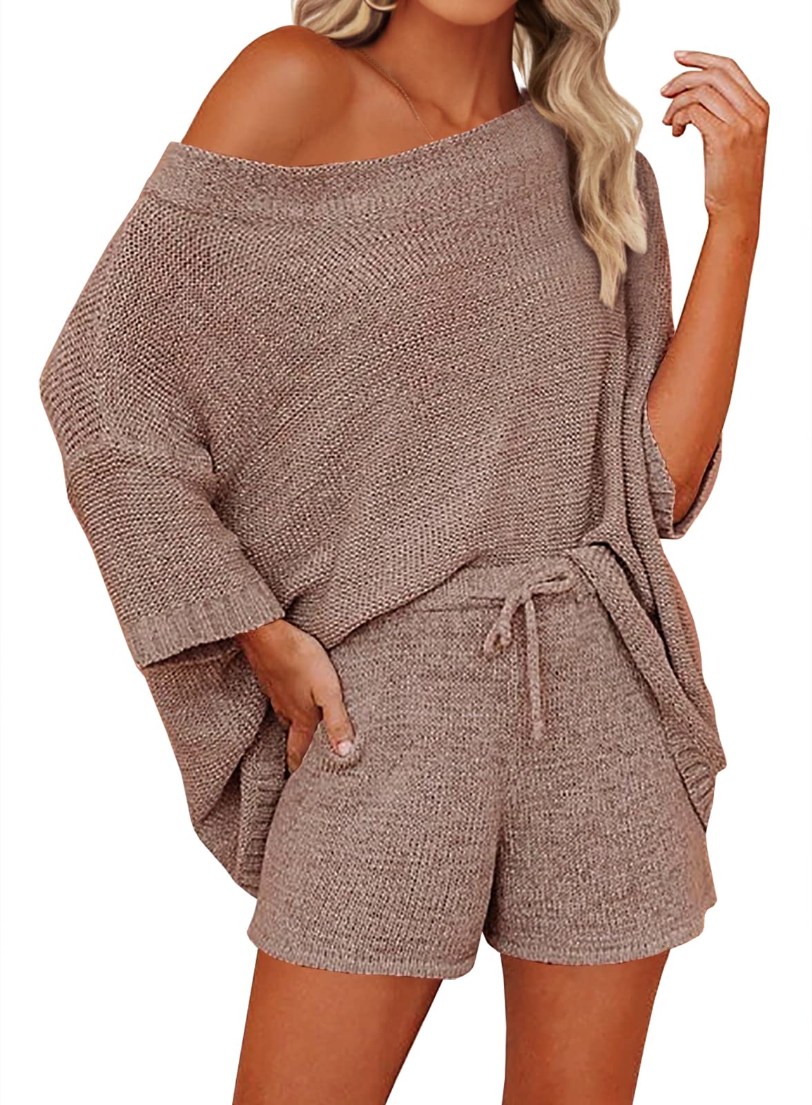 Mafulus Women's 2 Piece Outfits Sweater Sets Off Shoulder Knit Top Shorts Matching Suits Cute Pajama Lounge Set