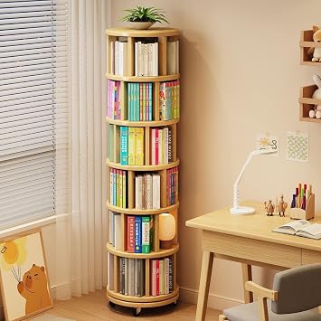 6 Tier Rotating Bookshelf Tower Round Wooden Vertical Spiral Corner Organizer 360  Spinning Bookcase on Wheels to Assemble Tall Revolving Corner Bookcase StorageWood Color