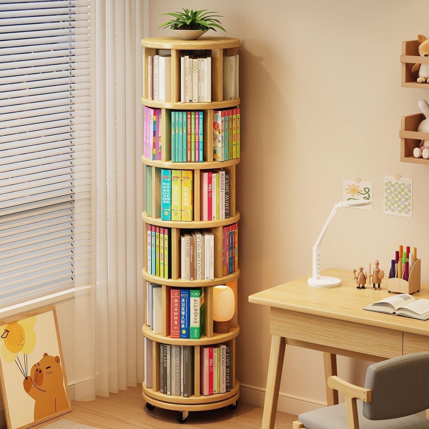 6 Tier Rotating Bookshelf 360° Solid Wood Spinning Bookcase Tower on Wheels Large Capacity Rolling Revolving Shelves for Small Spaces, Corner, Bedroom, Office, Living Room(Wood Color)