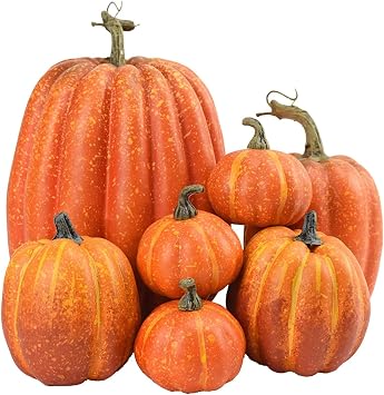 7 Pumpkin Fall Decorations | Assorted Sizes Fall Artificial Pumpkins | Harvest Pumpkins | Faux Foam Pumpkins | Cute Foam Pumpkins For Halloween Thanksgiving Fall Home Table Indoor Outdoor Decor