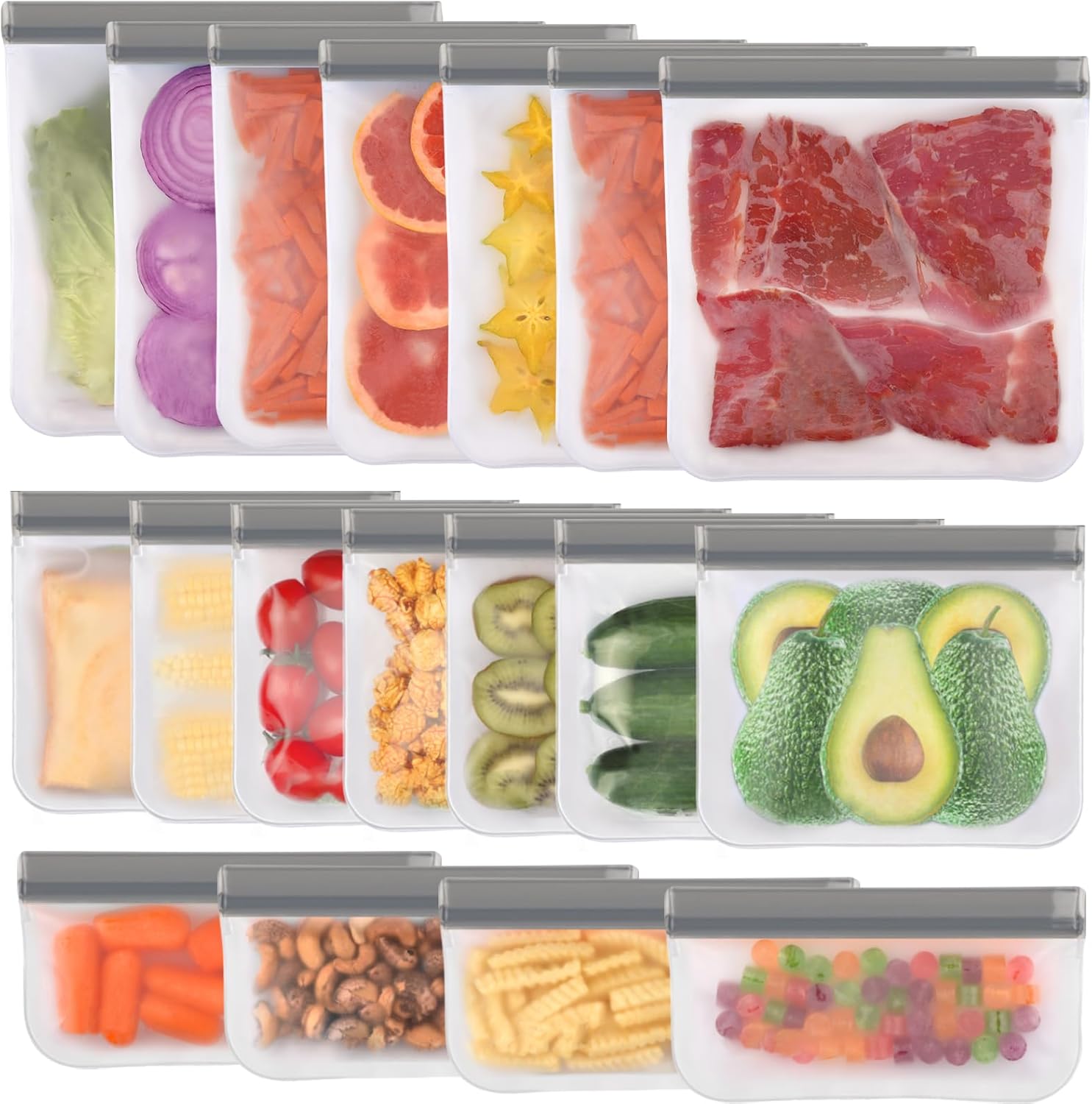 Lerine Dishwasher Safe Reusable Bags, Leakproof Reusable Freezer Bags, BPA Free Food Storage Bags for Lunch Marinate Food Travel (Grey, 18 Pack-7 Gallon 7 Sandwich 4 Snack)