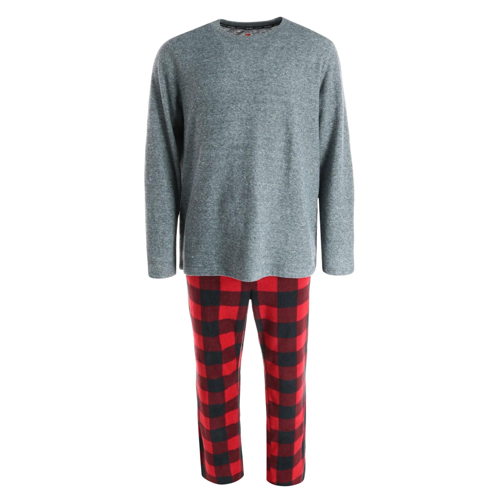 Hanes Men's Big and Tall X Temp Micro Fleece Pyjama Set, 5XL, Charcoal with Red and Black Plaid