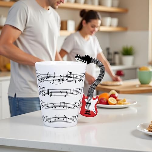 Miniatura 10 de LanHong - Taza de saxo de 13.5 onzas con notas musicales, taza de café, taza de música de saxofón de cerámica, regalos para amigos (rojo)