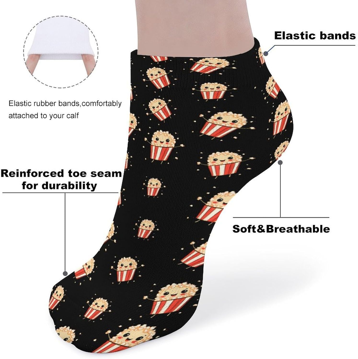 Cute Popcorn 5 Pairs Low Cut Ankle Socks Casual Liner Sock No Show Invisible Socks for Men Women