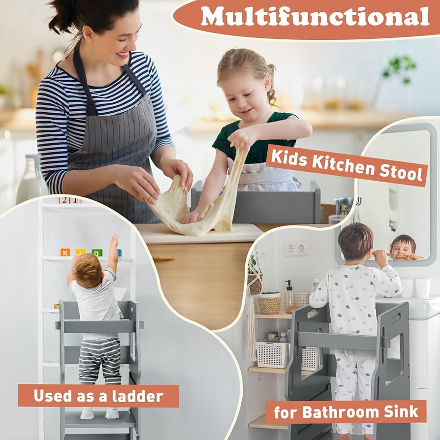 Torre Montessori Per Bambini - Grigio, Regolabile 3 Altezze, Rete Di Sicurezza, Legno Di Pino - Foto 11