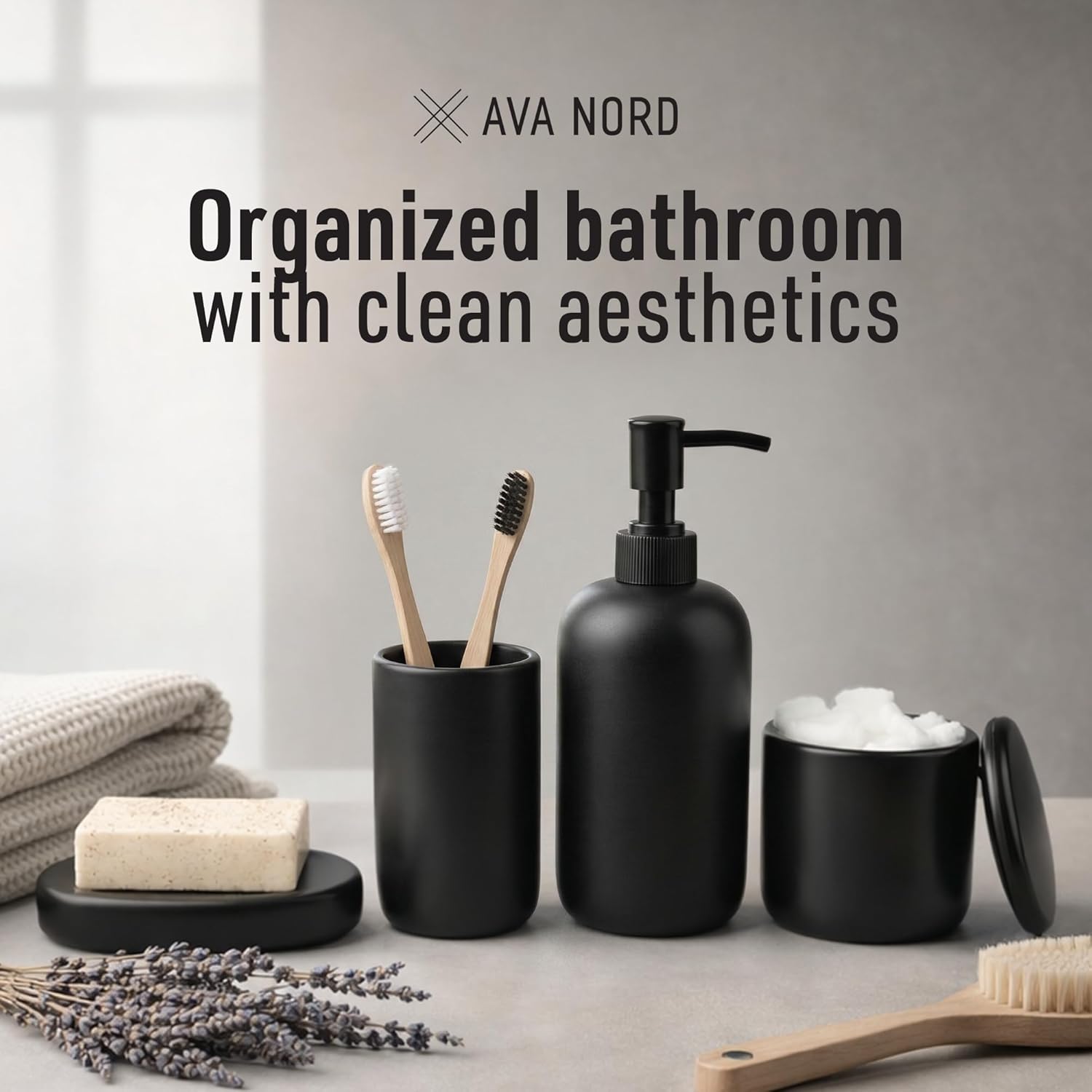 Ceramic Bathroom Accessories Set 4 Pcs – Modern Scandinavian Neutral Bathroom Soap Dispenser Set with Toothbrush Holder, Soap Dish & Cup – Minimalist Bathroom Accessory Set Decor - Black