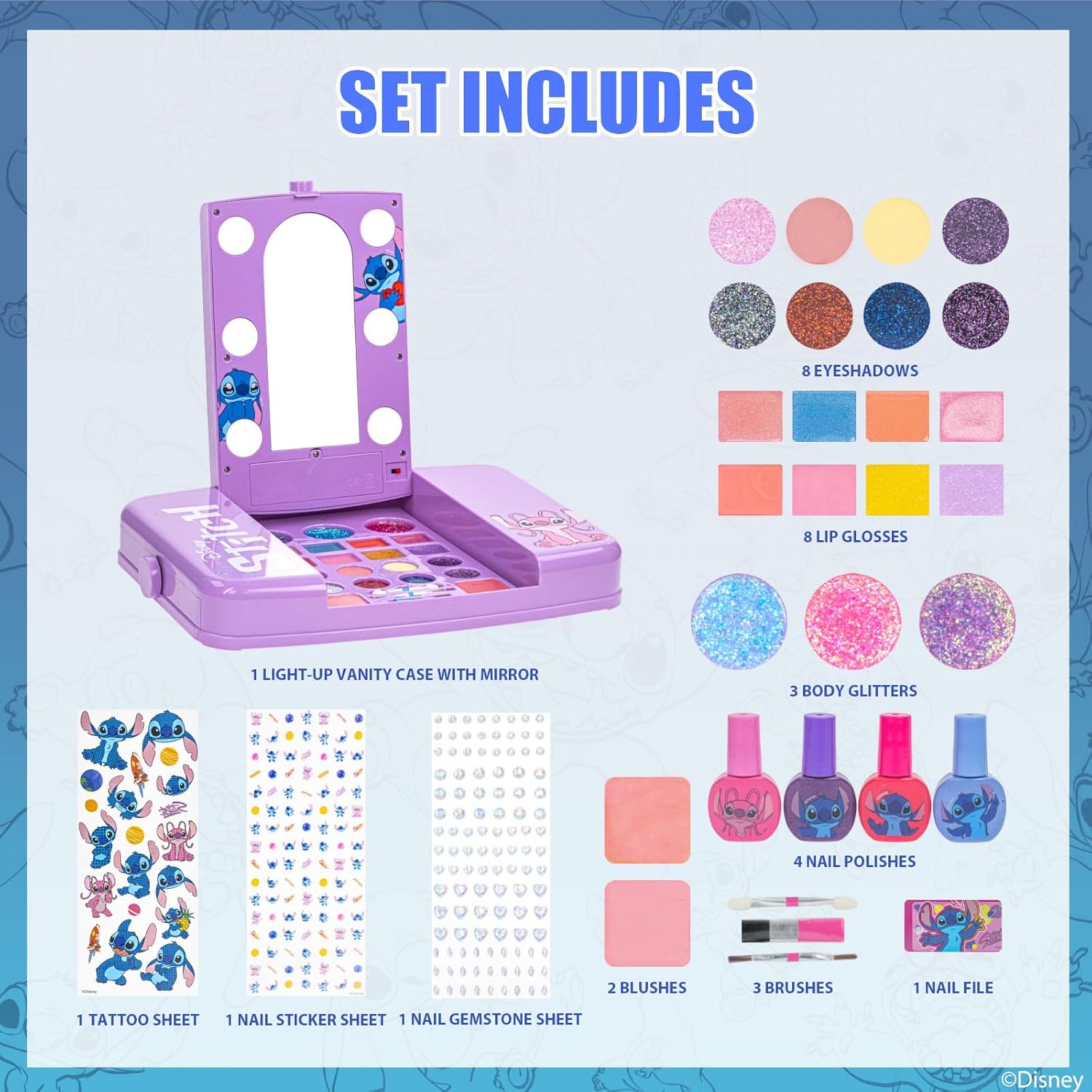 Disney Stitch Kids Makeup Set with Light-Up Mirror, Includes Lip Gloss, Eyeshadow, Blush, Brushes, Nail Polish, Accessories, Batteries Not Included, for Girls Ages 13+, by Townley Girl