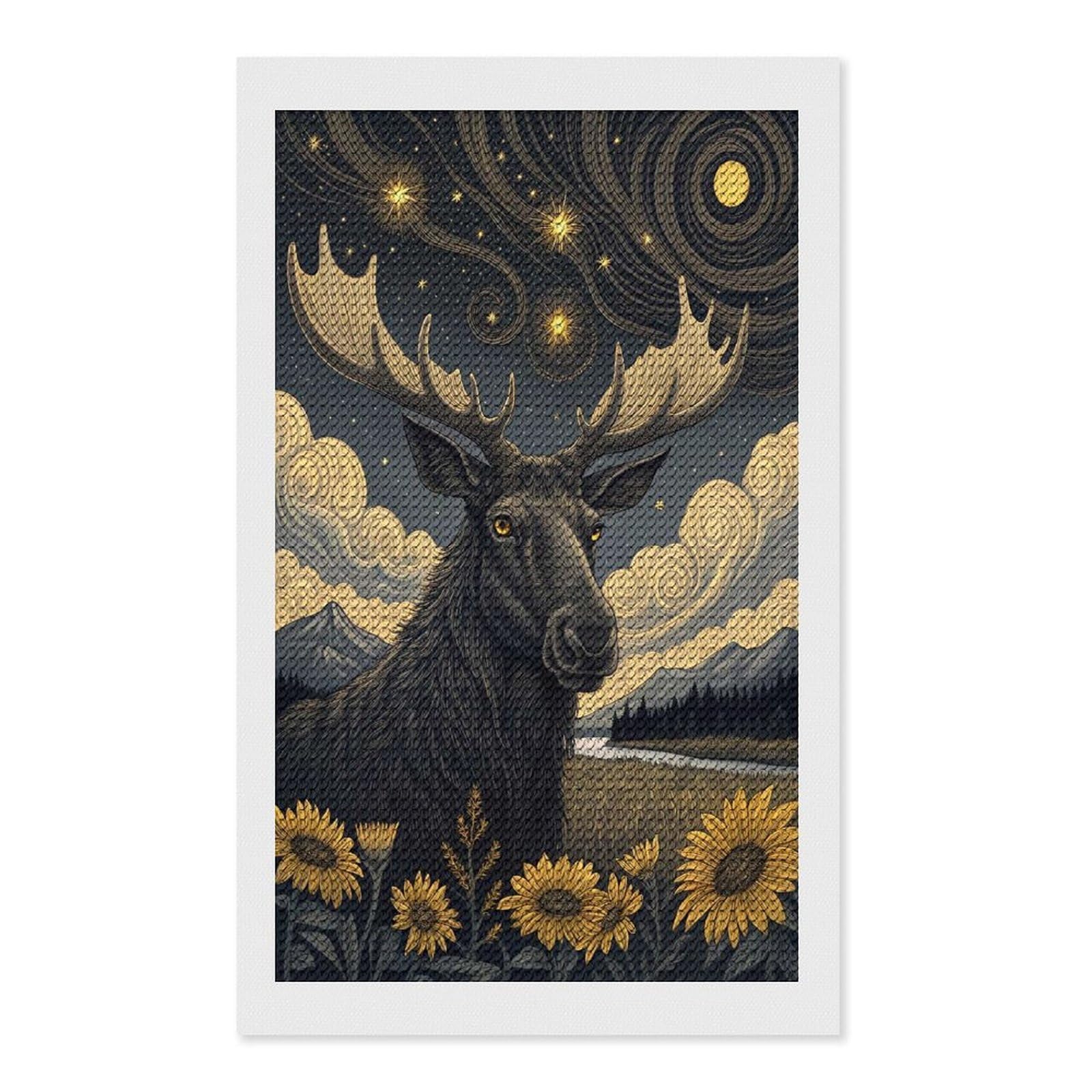 Junmoney Moose Under A Starry Sky Round Drill Diamond Painting 12"x20", for Adults, Creative Leisure Activity, Office Decor, Holiday Gift Idea