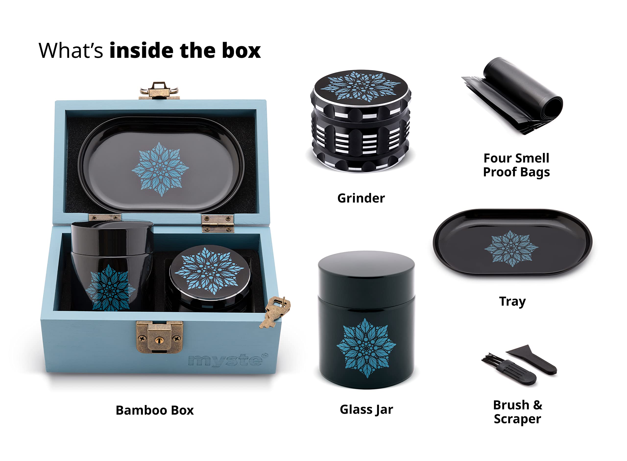 MYSTE BLUE MANDALA Scatola con Accessori, Grande Grinder 63 mm, Set a Prova di Odore, Macina Spezie Grande, Stash Box con Serratura