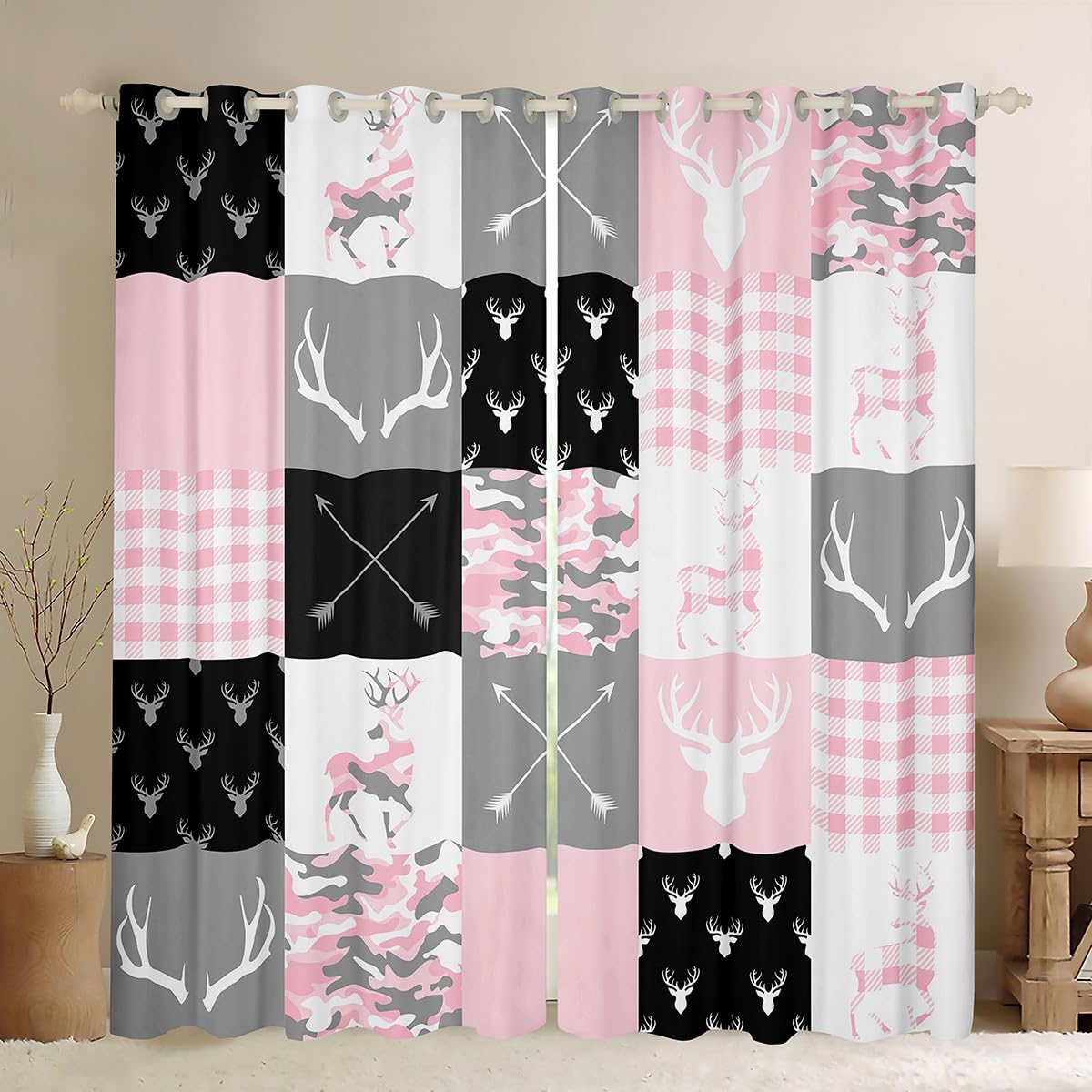 Rideaux cerf rose 132x160 cm lot de 2 pour chambre fille style rustique