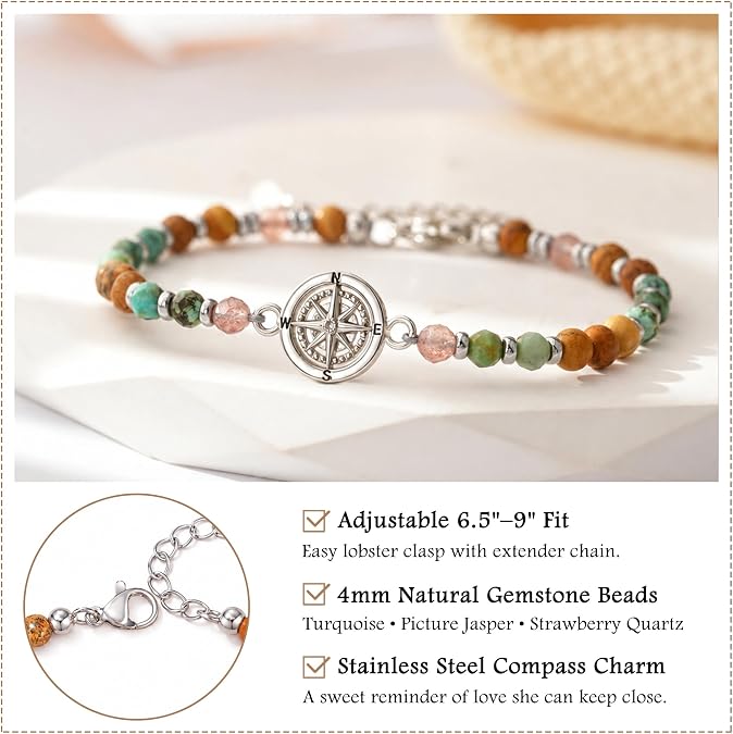 Compass Bracelet for Women, Retirement You Will Be Missed Travel Gifts | 6.5-9 Inch Adjustable Bracelet with Message Card, Farewell Goodbye Going Away Graduation Gift for Friend Coworkers Familys