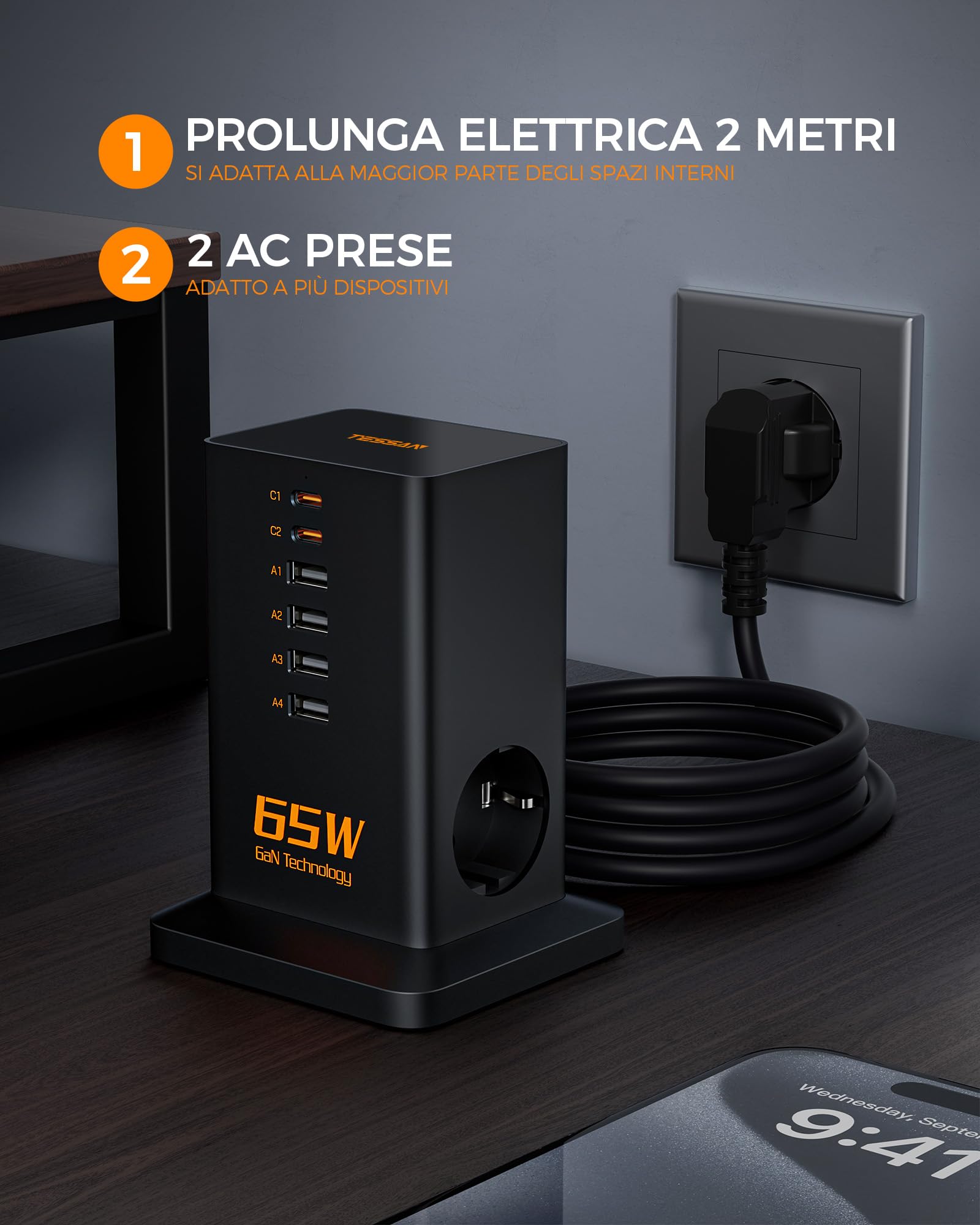 TESSAN Alimentatore USB C 65W, GaN Caricabatterie Multiplo, Caricatore Rapido con 2 prese, Stazione di Ricarica USB con cavo 2M