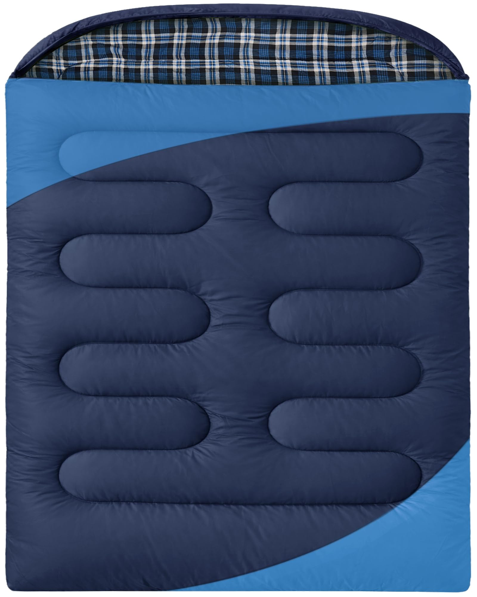 WERTYCITY Double Sleeping Bag for Camping Backpacking Travel Splits into 2 Singles or Blankets Lightweight 50-68°F Queen Size Flannel with Hood, Compression Sack, Navy/Blue