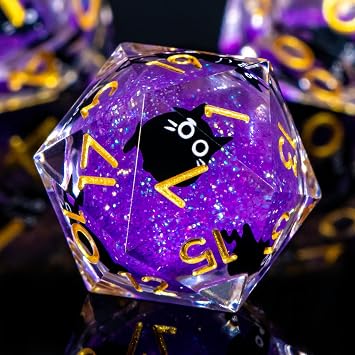 Roycevon Resin DND Dice Set with Gift Box, 7Pcs Liquid Core Cat D&D Dice, Cute Dungeons Dragons D and D Dice, Sharp Edge Role Playing Game Dice D20 D12 D10 D8 D6 D4, Purple