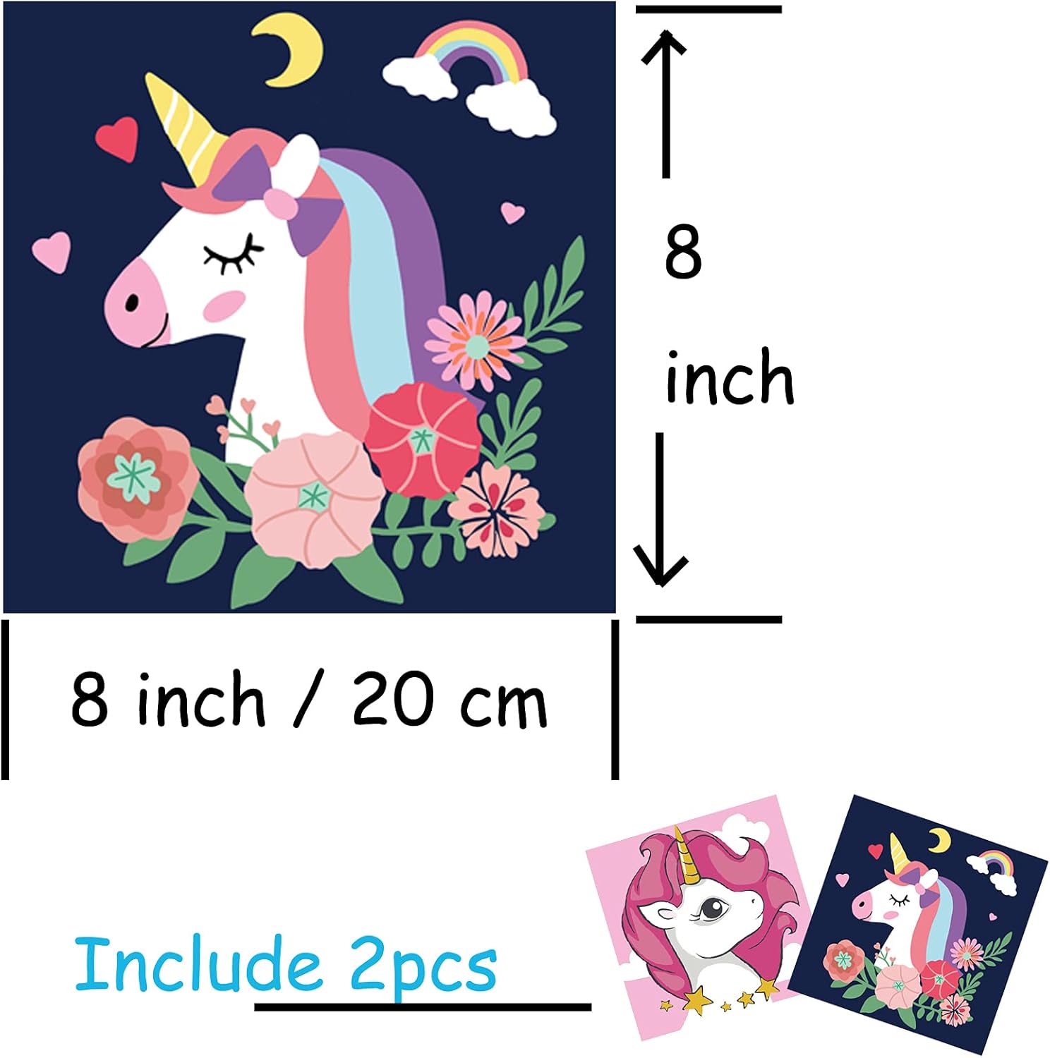 AMETUS Kids Paint by Numbers for Girls Ages 4-12, DIY Oil Painting Canvas, Unicorns Blue, Framed, 8x8 Inches, with Brushes Acrylic Pigment, 2 Pack