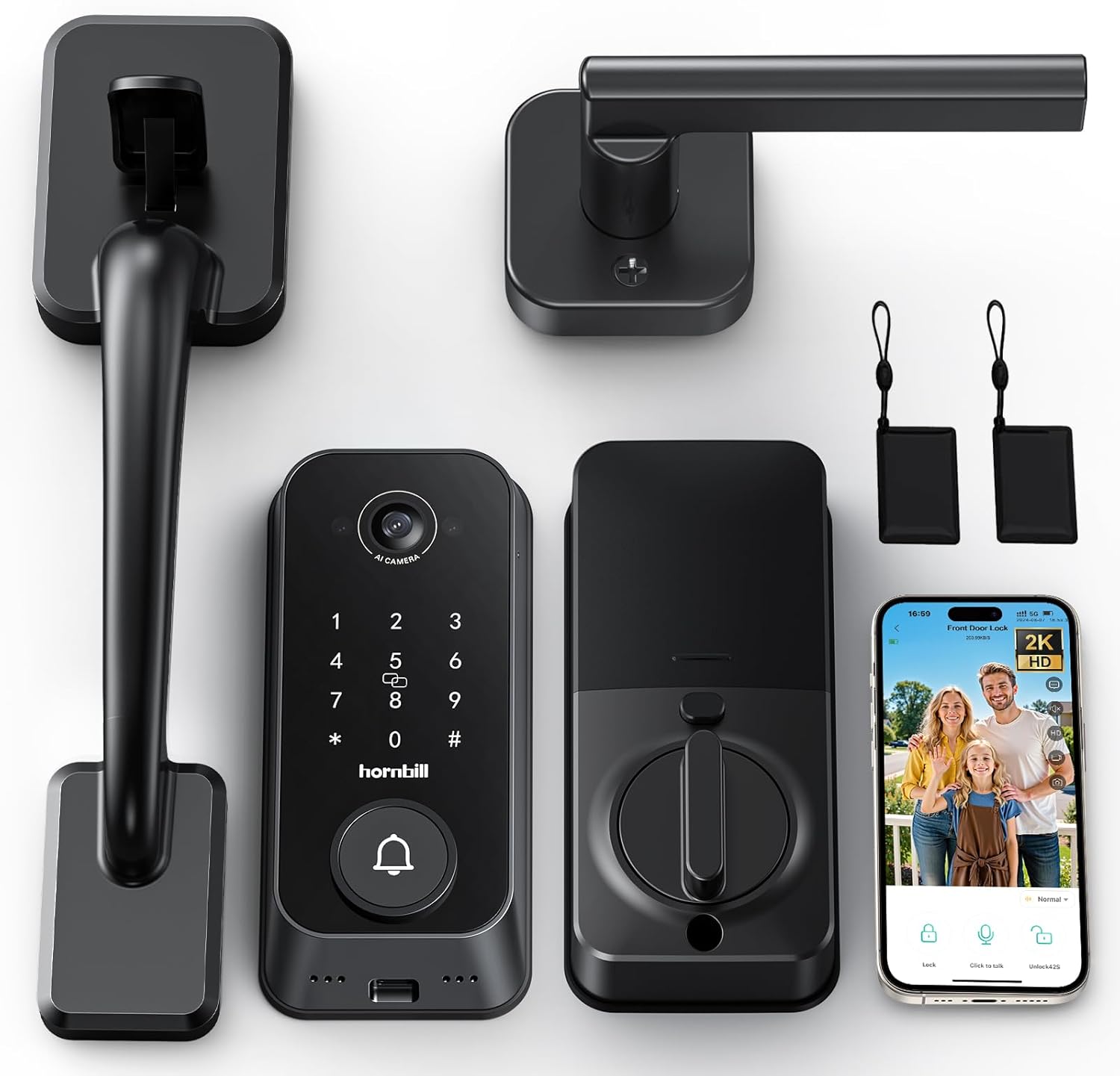 Smart Front Door Lock Sets: 2K HD Camera Lock with Doorbell Kits, Hornbill Fingerprint Keyless Entry Door Lock with Handles, WiFi Deadbolt(only 2.4G) for Remote Control, Free APP/Alexa/PIR, Black Smart Front Door Lock Sets: 2K HD Camera Lock with Doorbell Kits, Hornbill Fingerprint Keyless Entry Door Lock with Handles, WiFi Deadbolt(only 2.4G) for Remote Control, Free APP/Alexa/PIR, Black