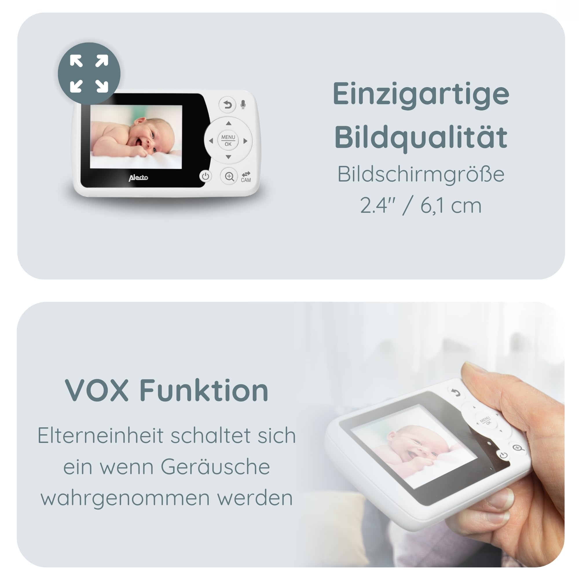 Alecto DVM-64 Funk Kamera Babyphone (100% störungsfrei & privat) mit schwenkbarer video Kamera, Nachtsicht, Gegensprechfunktion, hohe Reichweite, weiß | Nachtsicht - Gegensprechfunktion - hohe Reichweite - weiß