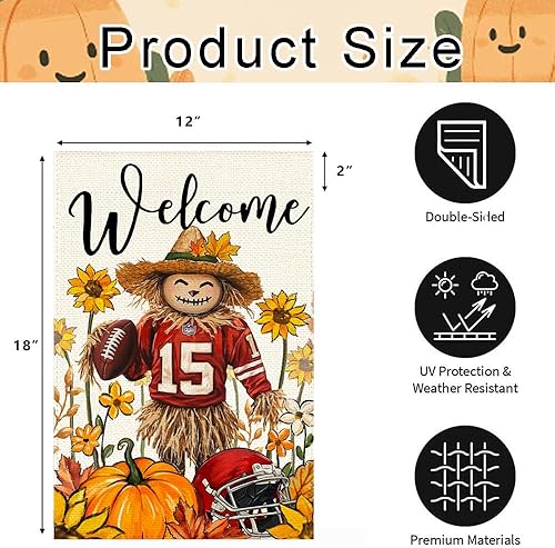 Miniatura 6 de Bandera de jardín de espantapájaros de otoño de 12 x 18 pulgadas, doble cara exterior, Acción de Gracias, fútbol, bienvenida, otoño, calabaza,