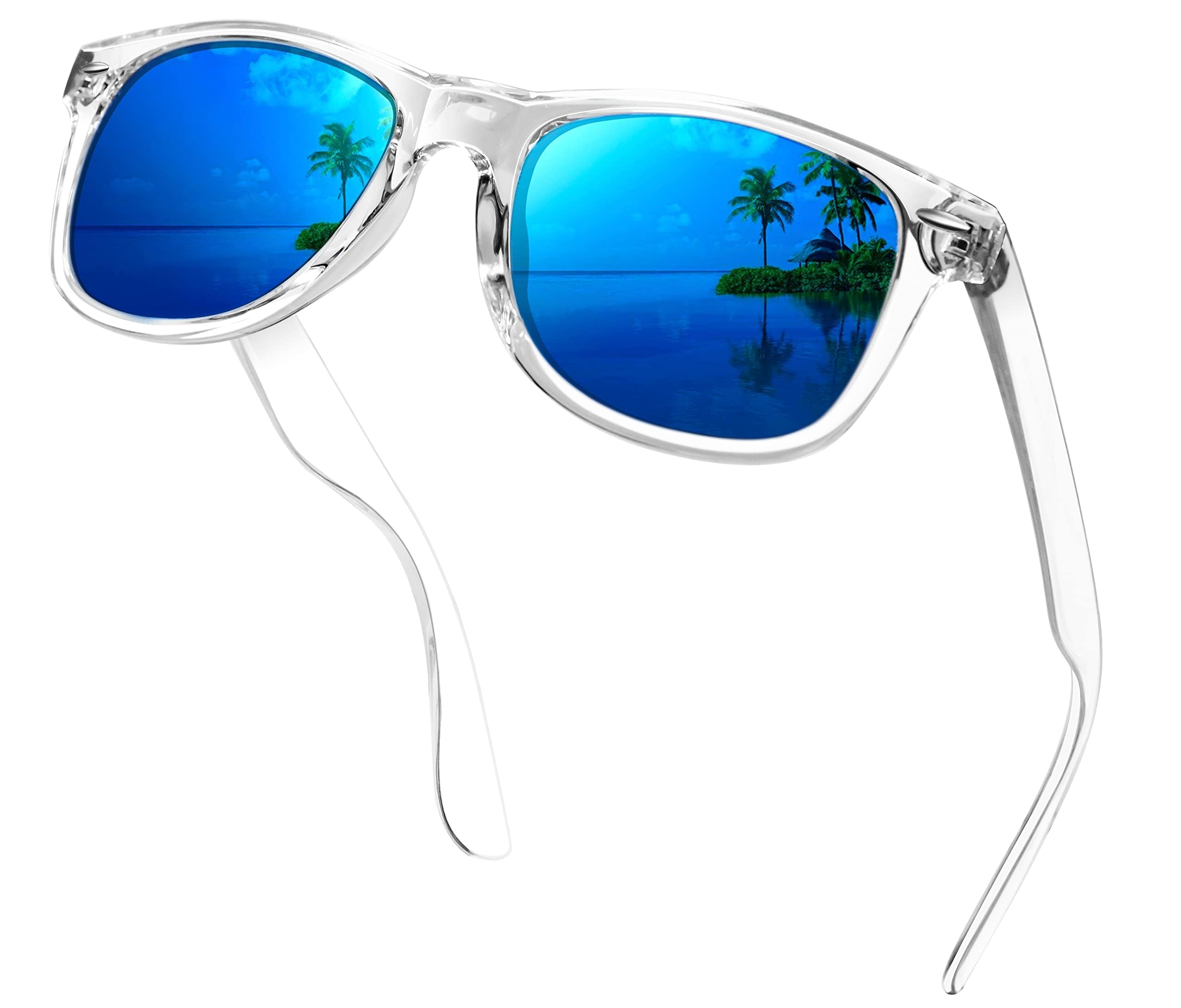 KANASTAL Polarisiert Sonnenbrille Herren und Damen Retro Klassische Rectangular Sonnenbrille UV400 Schutz für Fahren Wandern Golf Angeln, Transparent Rahmen Verspiegelt Blau Gläser