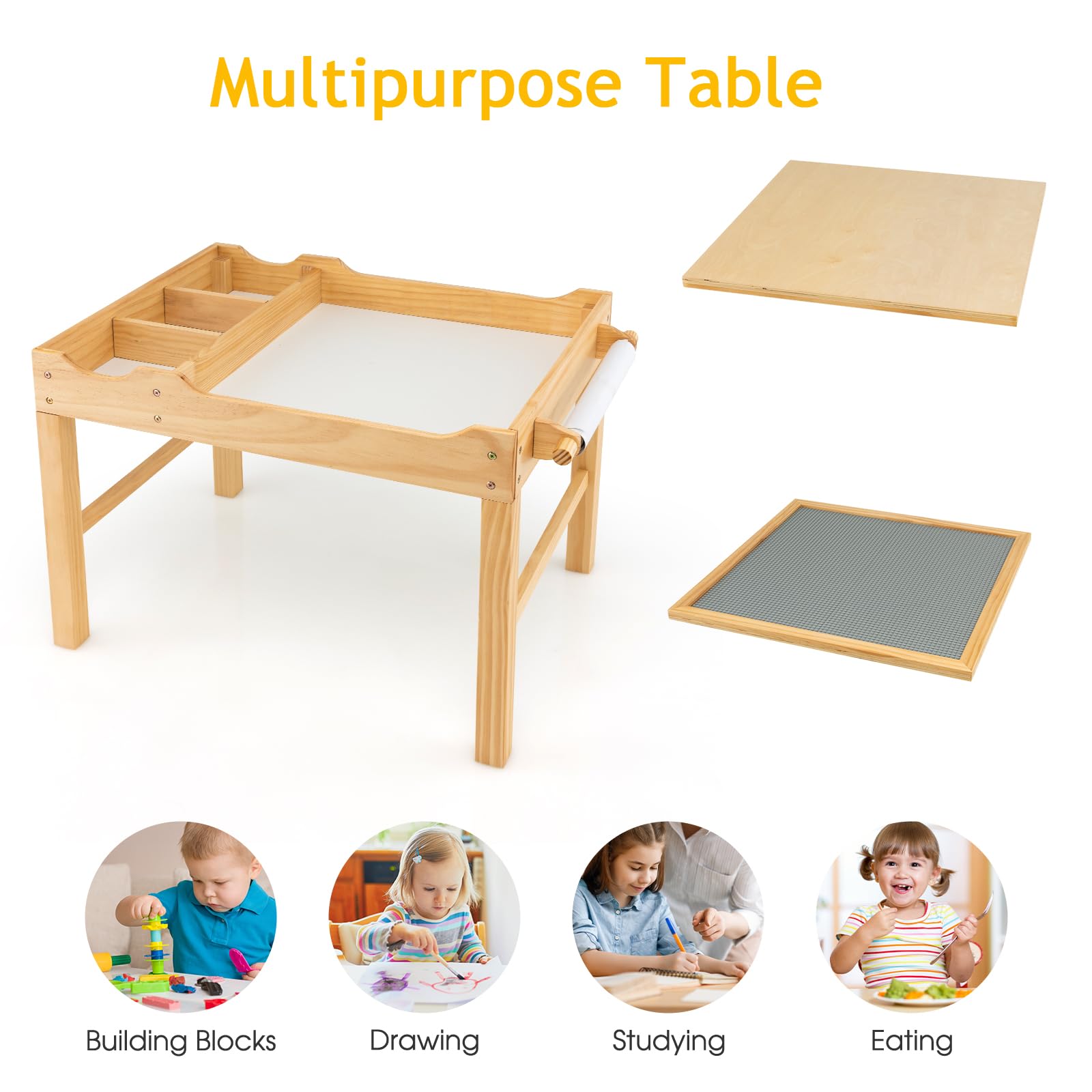 LIFEZEAL 2 en 1 Bureau à Dessin & Table de Blocs de Construction avec Espace de Rangement, Plateau Réversible, Rouleau de Papier, Table Multi-Activités en Bois pour Enfant 3 Ans+ (Naturel)