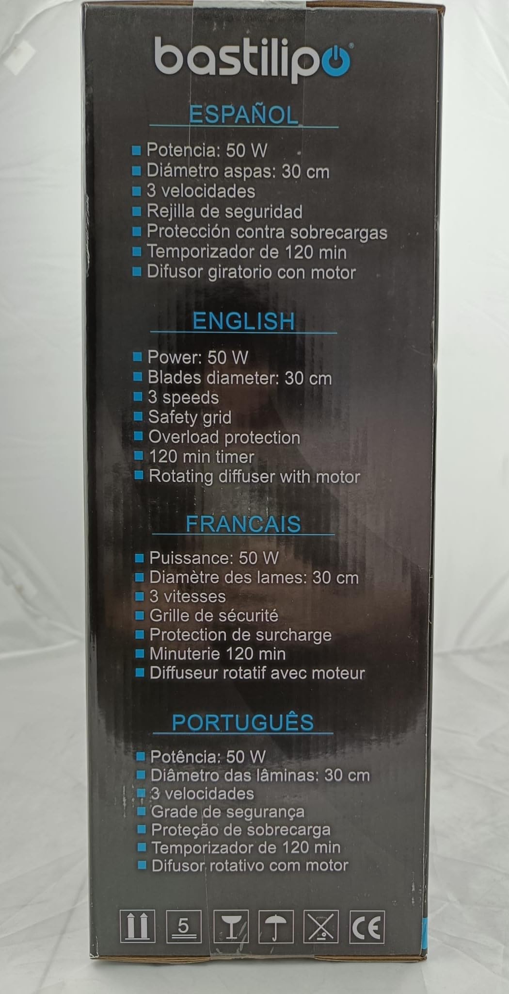 Bastilipo Zahara Ventilatore Tipo Box con Timer, 45 W, Plastica, 3 velocità, Nero/Bianco