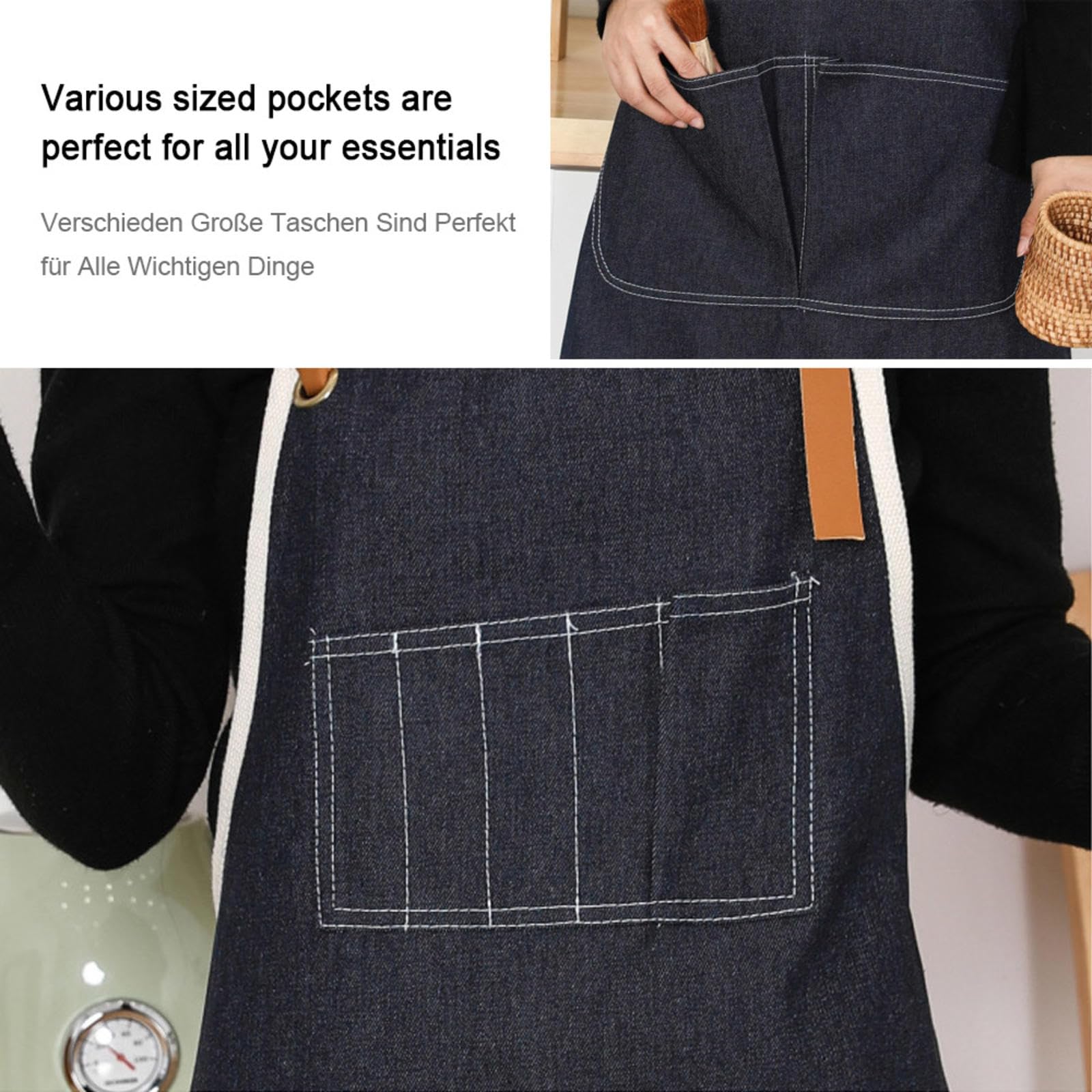 CHUIKUAJ Tabliers de Chef pour Hommes et Femmes, Tabliers de Travail en Denim épais avec Poches et Sangle Réglable - pour la Cuisine et la Pâtisserie,Black-2pcs