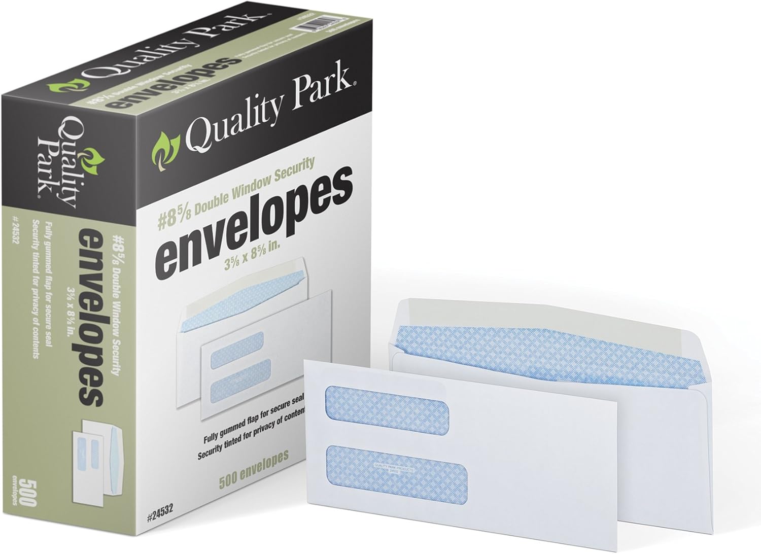 Quality Park® #8-5/8 Double Window Envelopes, Security Tint Envelopes, 3-5/8 x 8-5/8, Gummed, 24 lb White Paper, Side Seams, 500 per Box (QUA24532)