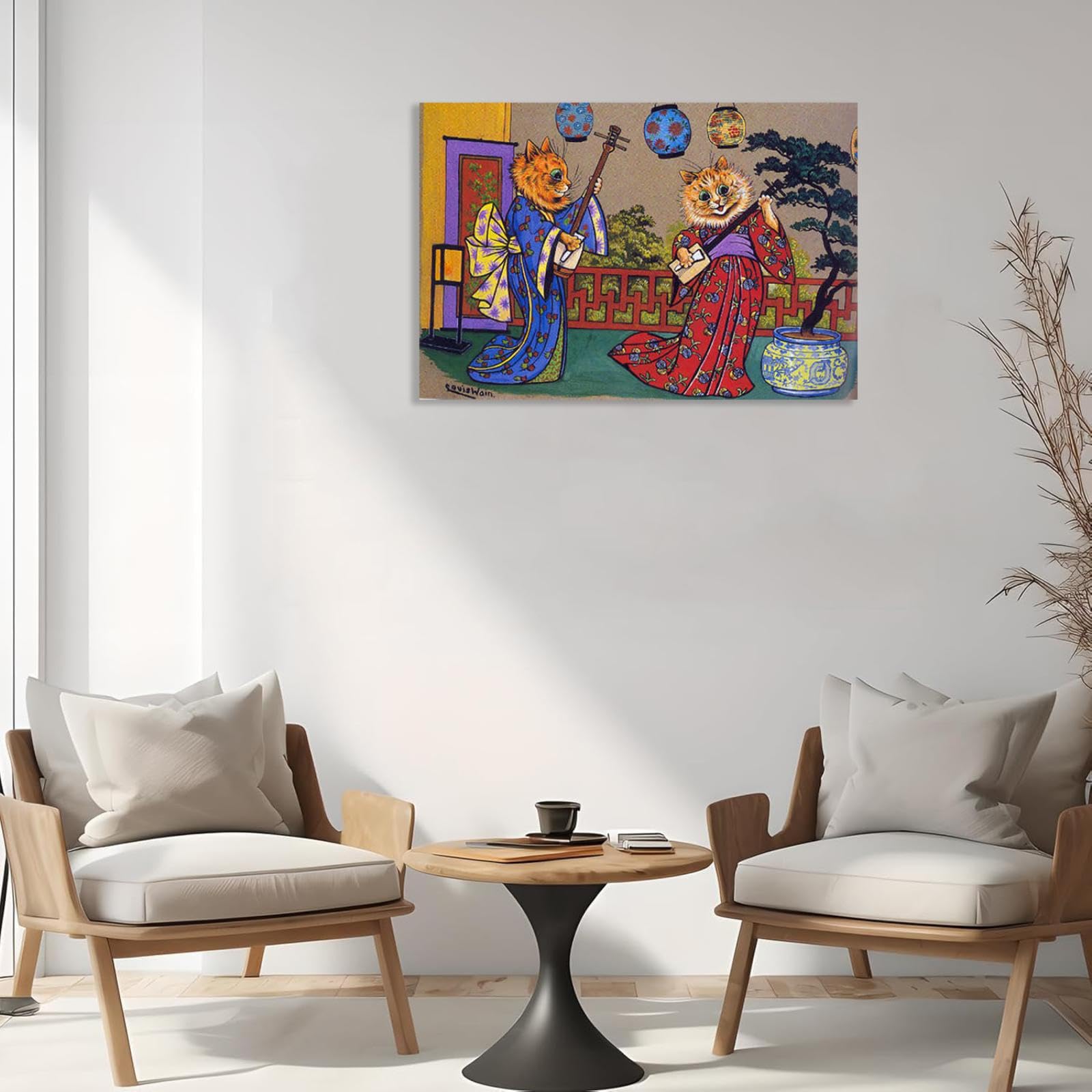 MYCGGDGH Louis Wain Pittura su Tela Animali musicali Due gatti Stampe Gatti Quadri Famosi Louis Wain Poster Quadri Moderni Soggiorno Astratti120x80cm(47x31in) Con cornice