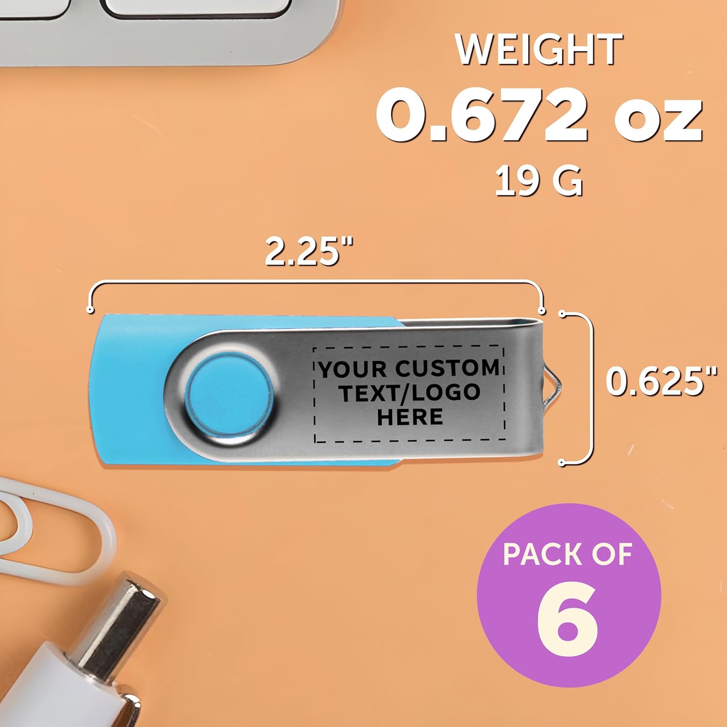 6 Swivel USB Flash Drives Pack, 8GB - Customizable Text, Logo - Pocket Size, Long Data Retention - Aqua