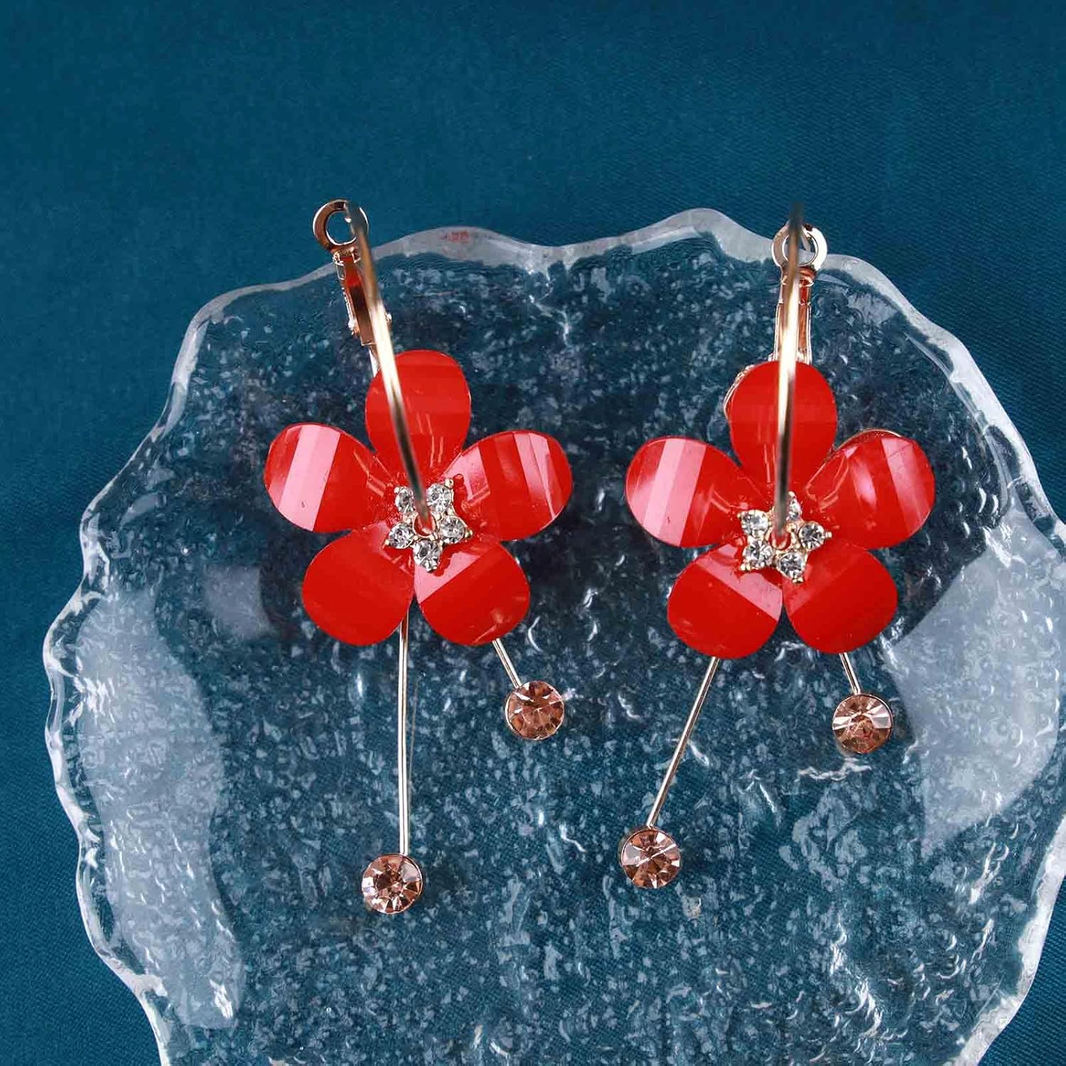 Boho Crystal Flower Hoop Earrings Pink Acrylic Flower Dangle Earrings Crystal Cz Tassel Drop Earrings Colorful Resin Flower Earrings Jewelry for Women - Image 5