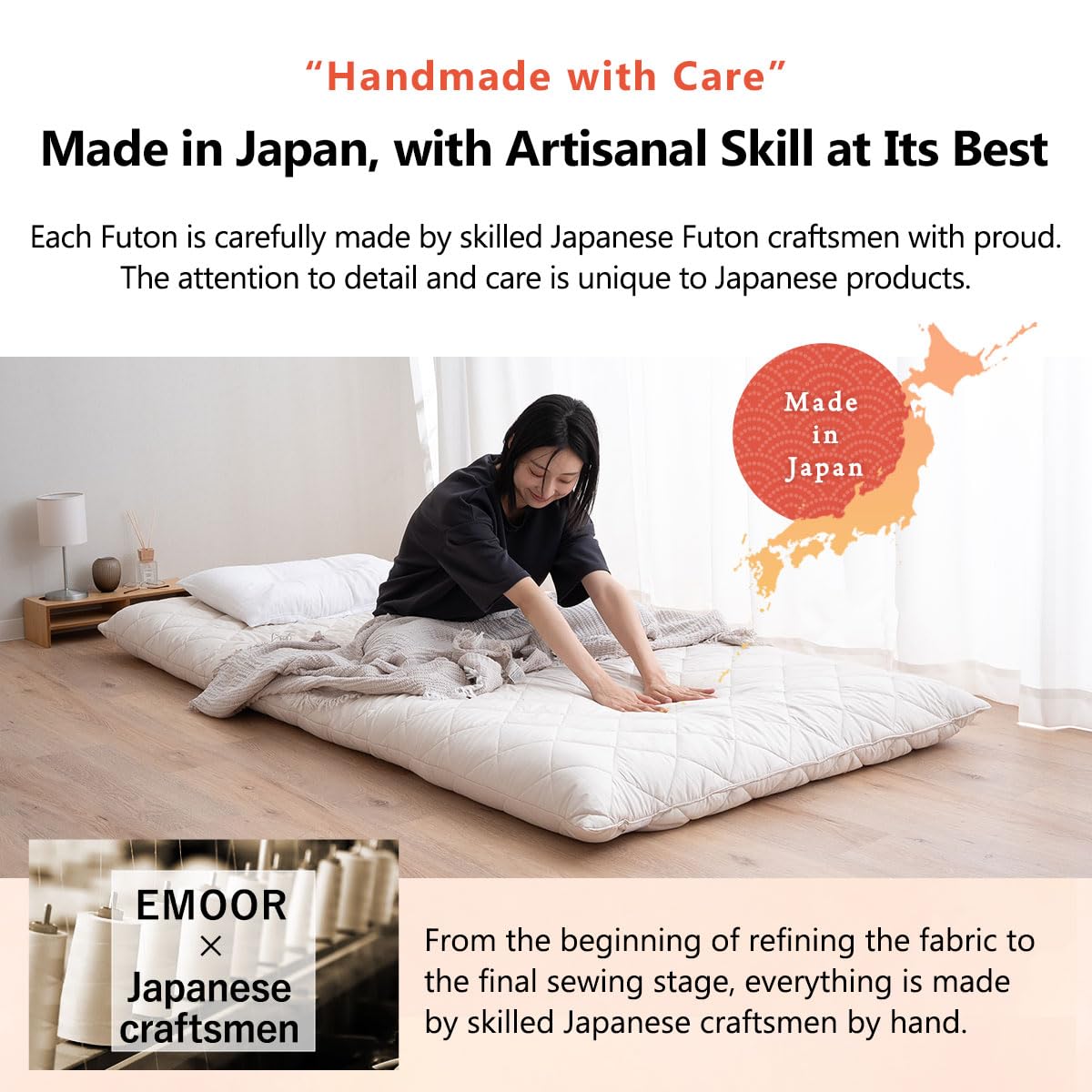 EMOOR Matelas Futon Japonais Extra-épais sans Ourlet 90 x 200 cm Blanc, Fabriqué au Japon Pliable pour Lit de Sol Tatami