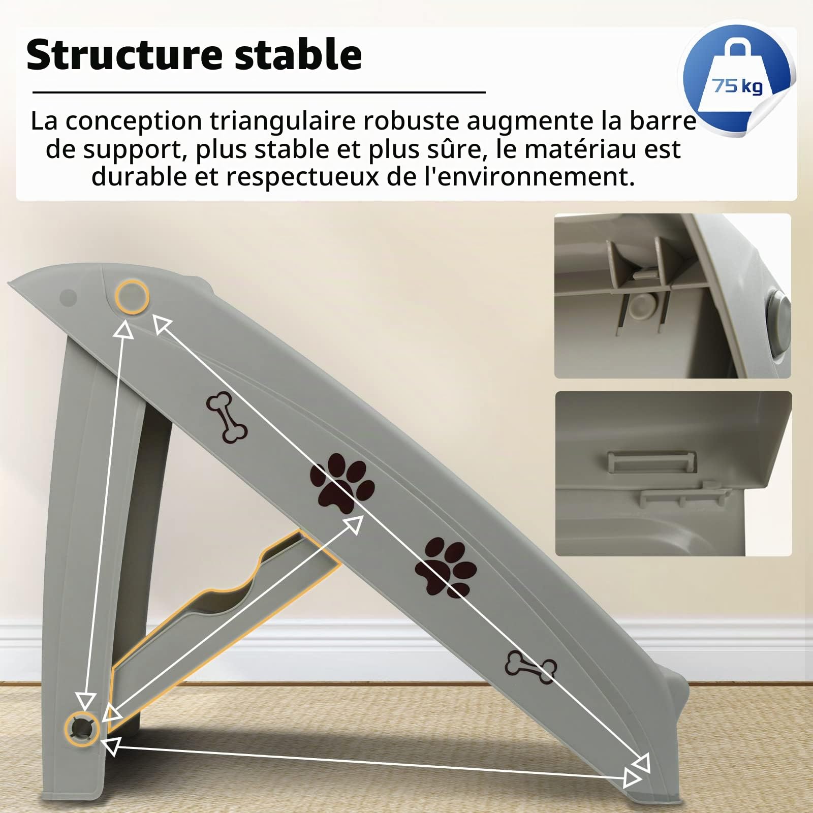 LZQ Escalier pour chiens et chats - Pliable - En plastique polypropylène - 50 cm de haut - Avec marches antidérapantes - Rampe canapé pour chiens et chats - Pour grimper et griffer - Gris