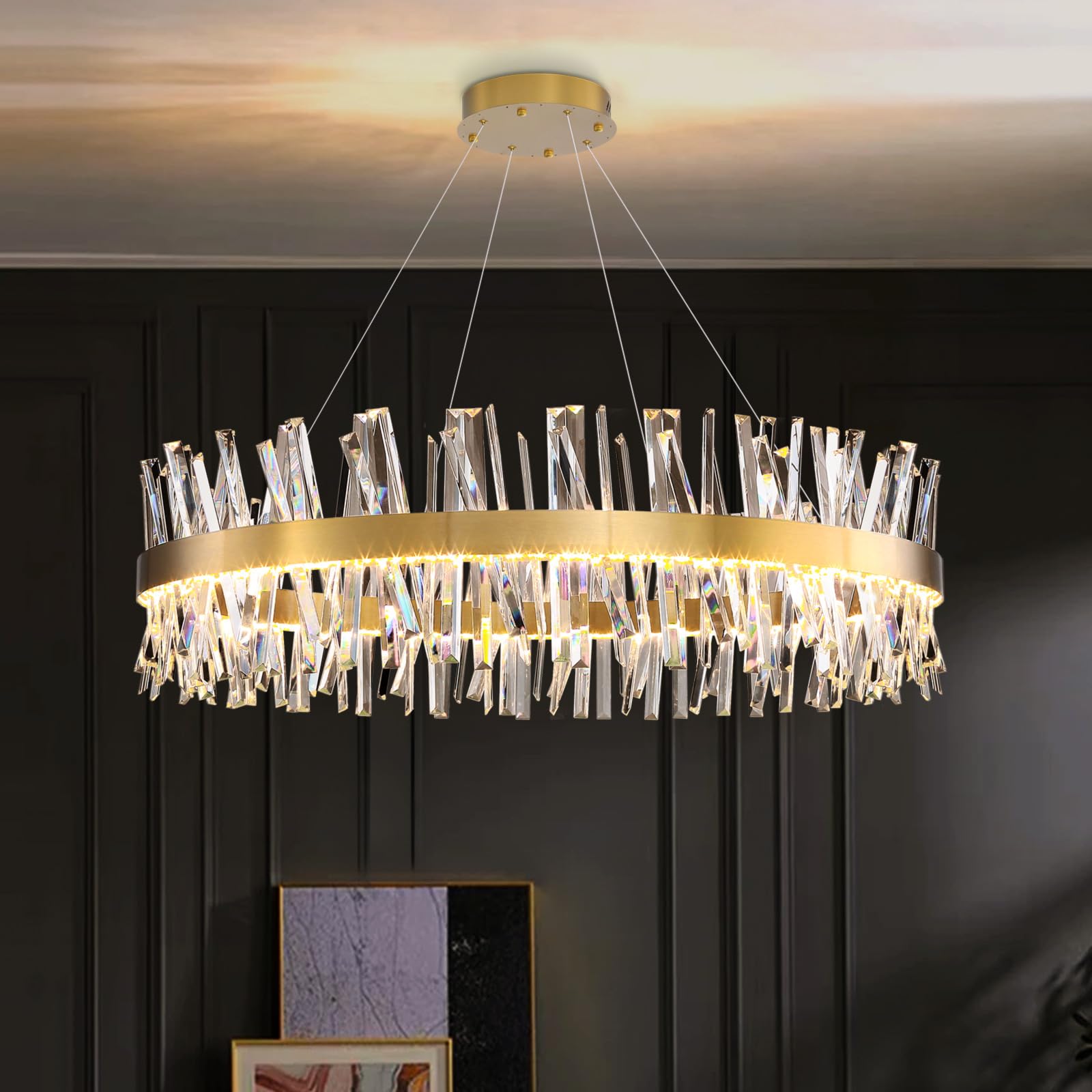 glam led chandelier 31.4 inch crystal ring chandeliers with remote dimmable led light indoor hanging lights luxury ceiling pendant lighting fixtures living dining bedroom gold light
