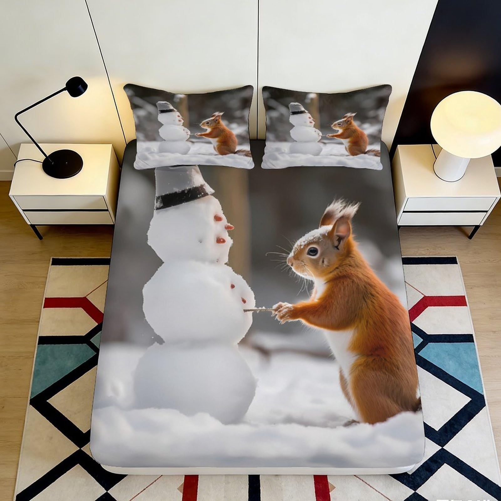 3D Printed Squirrel Snowman Fitted Sheet Microfiber Non-Slip Mattress Cover for Bedroom Guest Room Decor 120x200cm 120x200x25cm