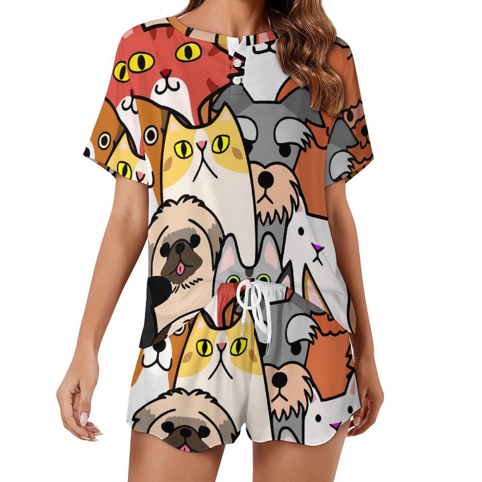 VYJLOO Cat Dog Womens Pajamas Set Short Sleeve Sleepwear Nightwear Pjs Set Loungewear
