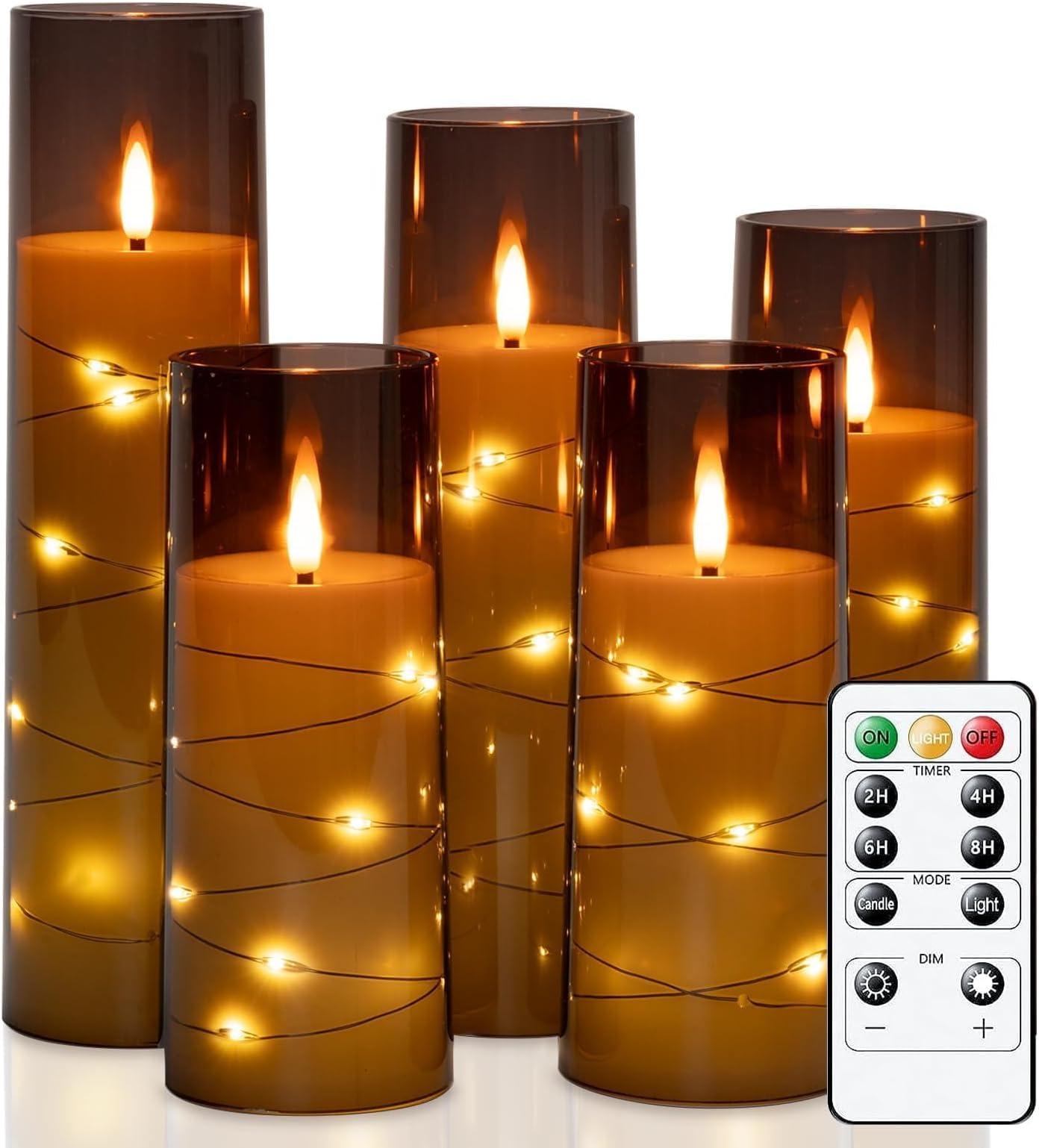 Homemory Flickering Flameless Candles with String Lights, Battery Operated Candles with Remote Control and Timer, Embedded Fairy Lights LED Candles, Acrylic, Home Decoration, Grey, Set of 5