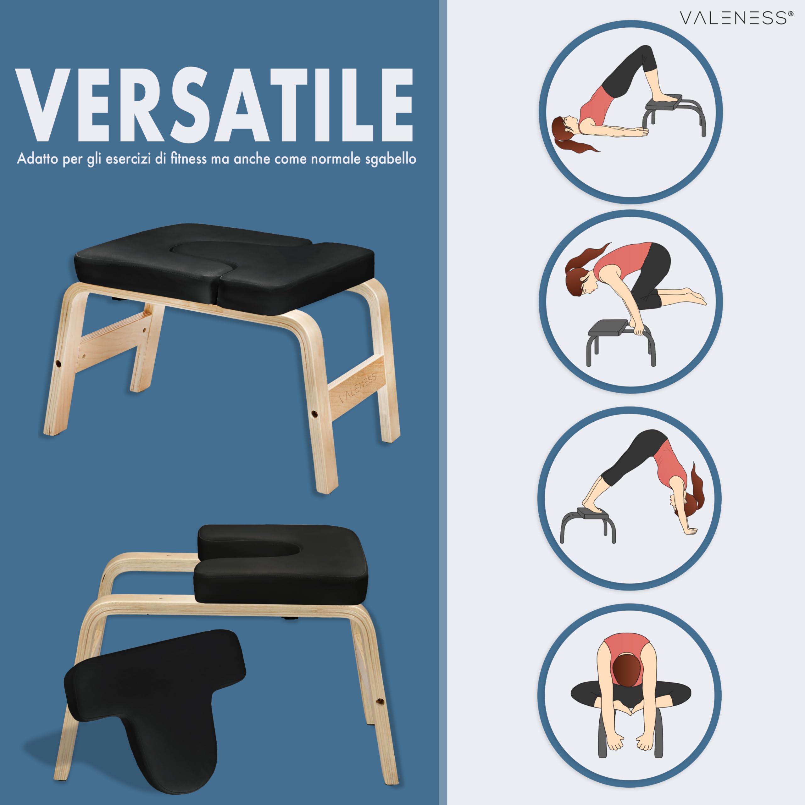 VALENESS® Sgabello Yoga per Verticali - Sgabello Yoga Headstand con Fascia, Poster e Blocco Esercizi - Seduta Yoga per Esercizi Headstand in Legno Massiccio - Attrezzatura e Accessori Yoga a Casa