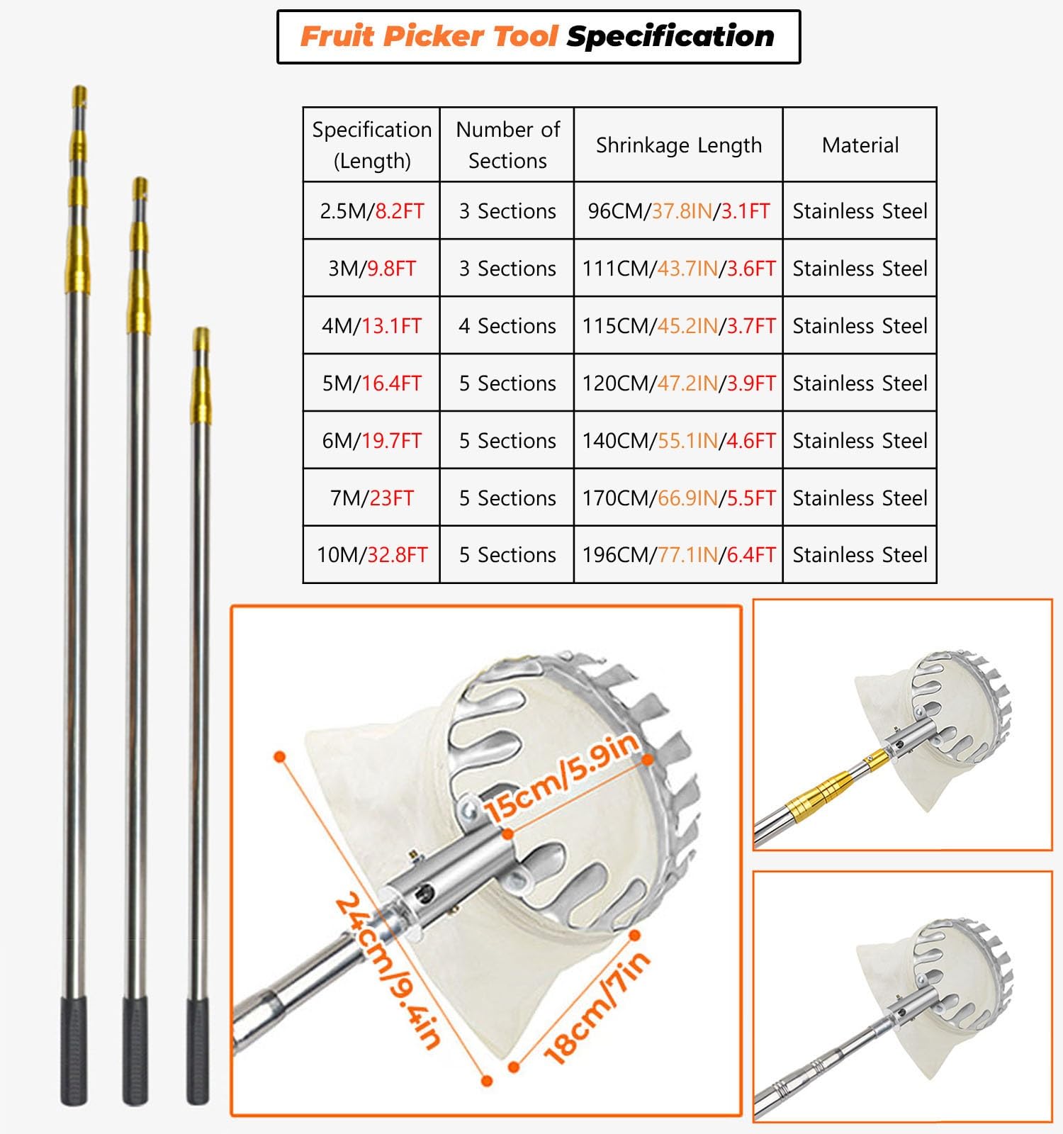 Amazon.com : Fruit Picker Tool, 8 13 20 33 Ft Extendable