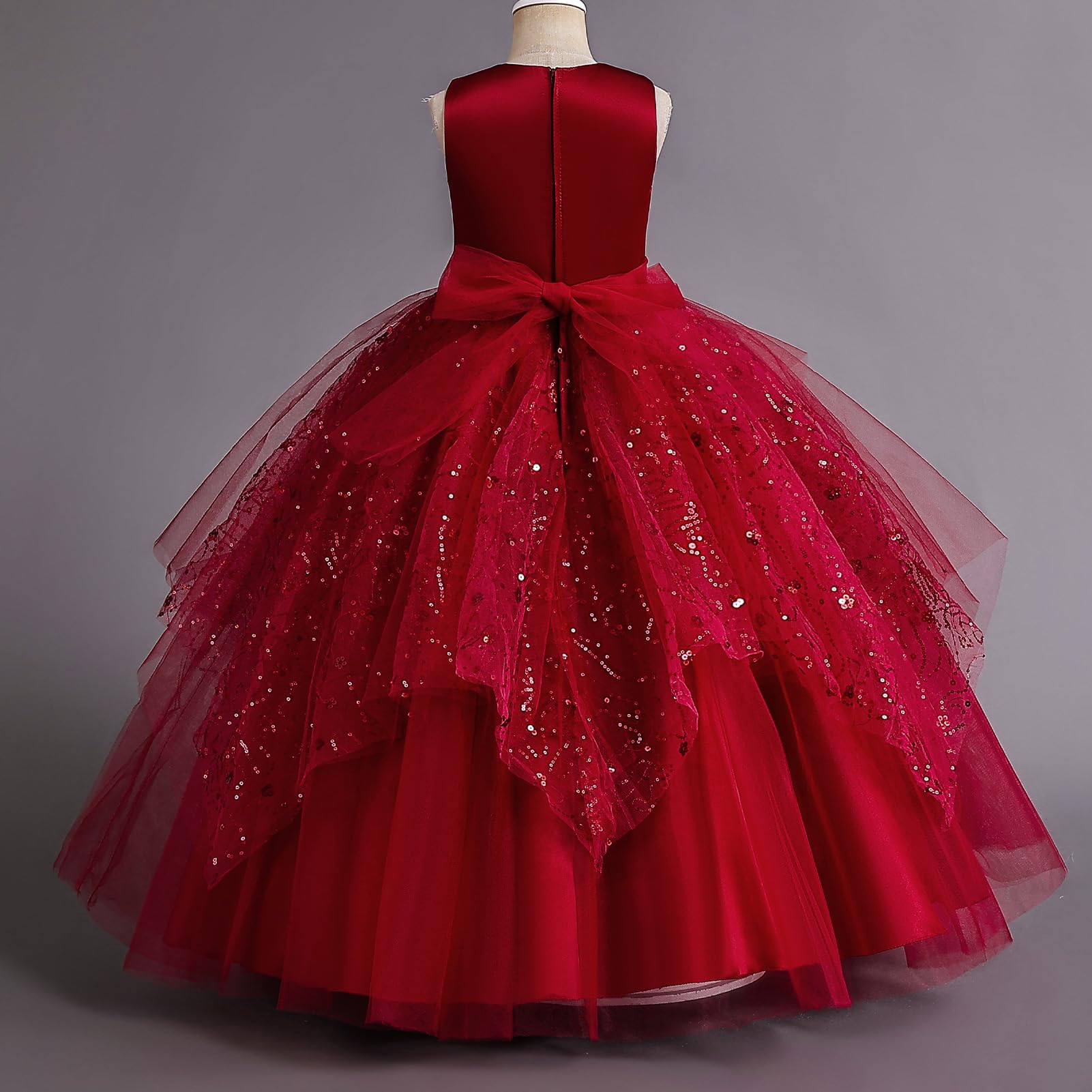 IDOPIP Robe Enfant Fille Mariage Dentelle Tulle sans Manches Broderie Perles Bow Demoiselle d'honneur Anniversaire Partie Princesse Longue Robe De Bal Soirée