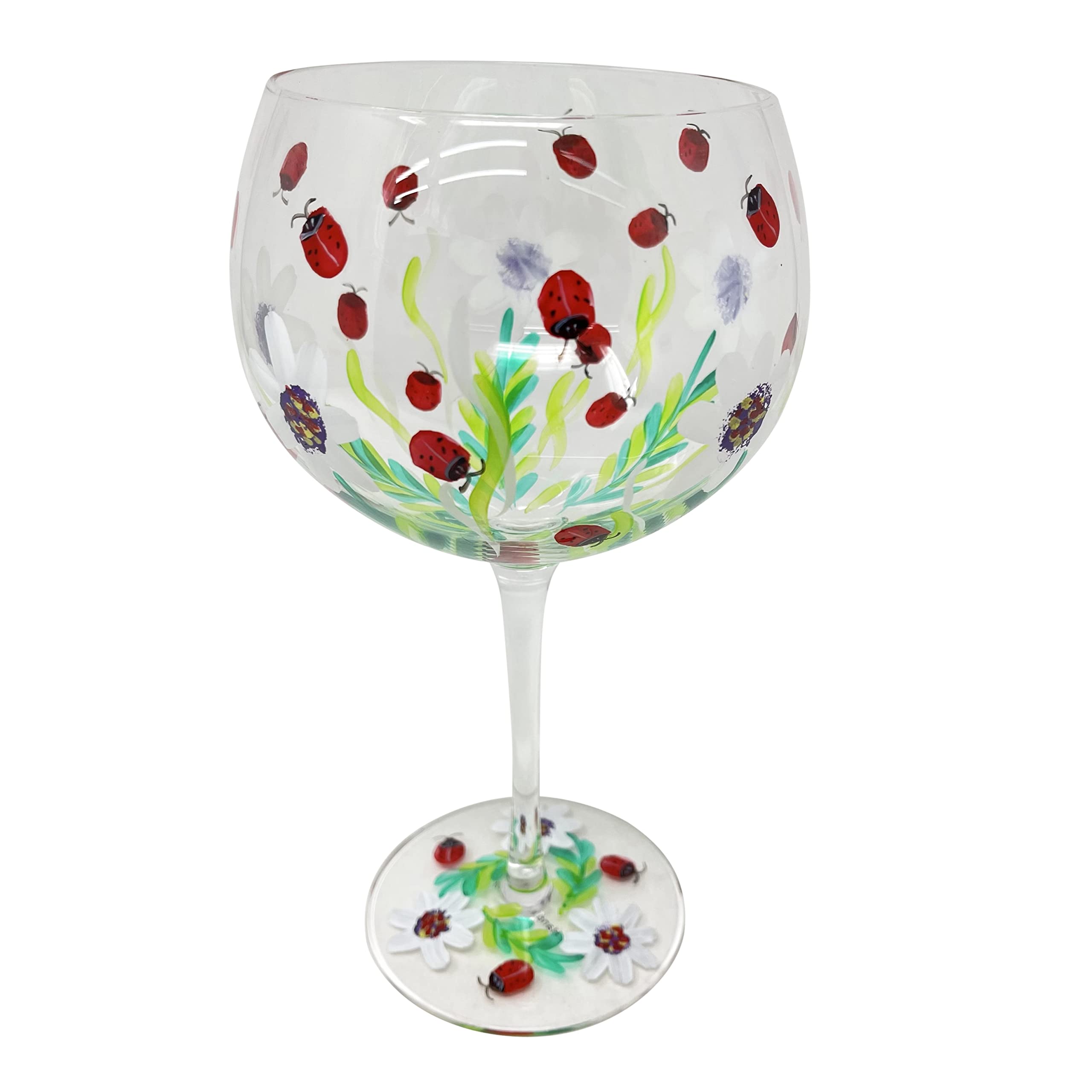 HTUKHand Painted Gin Glass Large Gin Glass Cocktail Balloon Glass Gin Balloon Glass 600ml Beautiful Cocktail Glass in Gift Packaging Assorted Styles (Ladybirds)