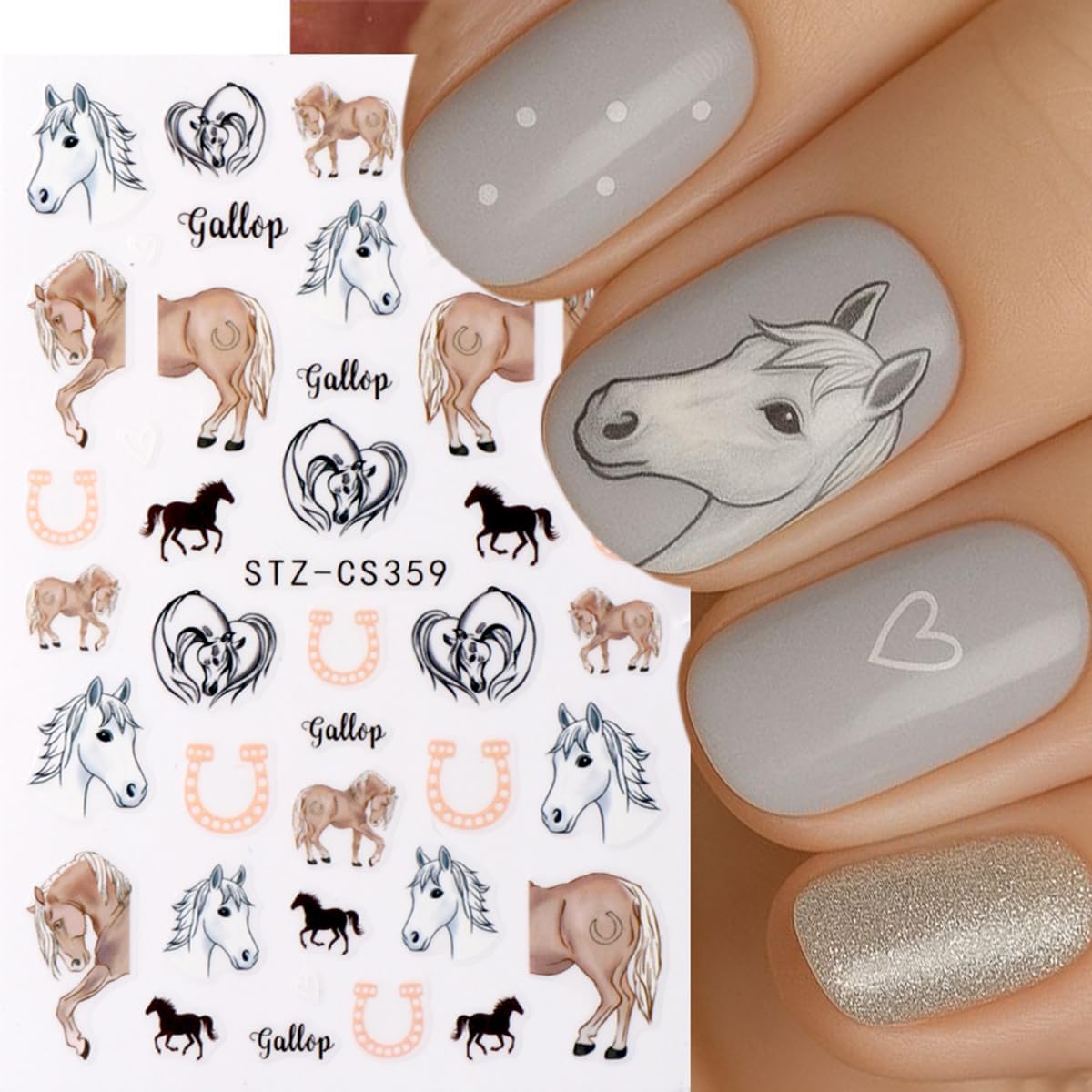 Horse Nail Art Stickers Decals Year of The Horse Nail Decals 6PCS 3D Self-Adhesive Animal Rose Cartoon Chinese Zodiac Design Manicure Sticker Nail Art Supplies for Women DIY Manicure Nail Decorations
