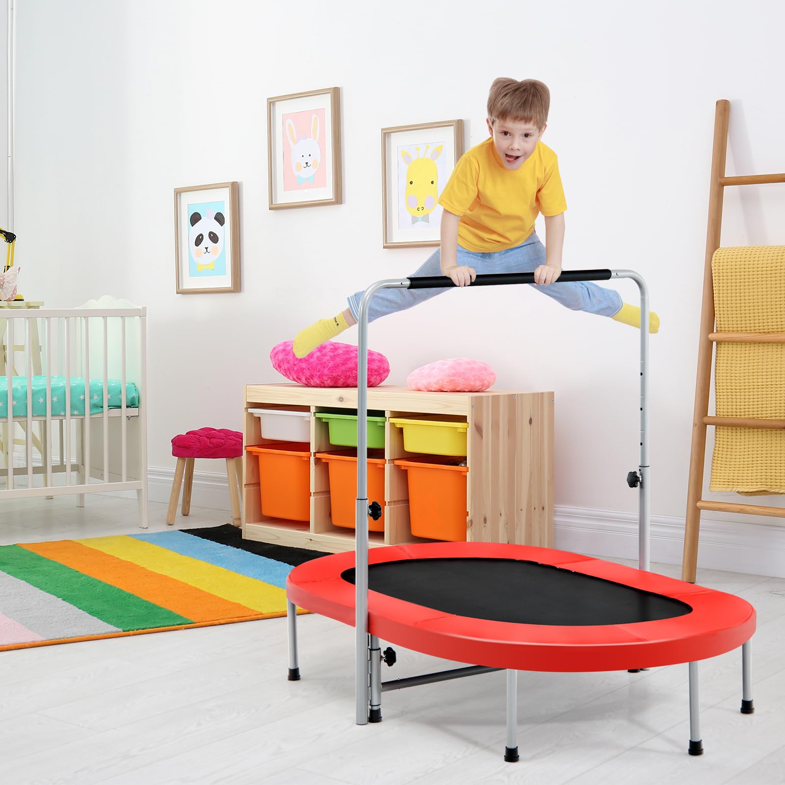 KOMFOTTEU Trampolino doppio per bambini, 154 x 90 cm (L x L), Trampolino per fitness pieghevole, maniglia regolabile, rimbalzo ovale per bambini e adulti, portata massima di 150 kg