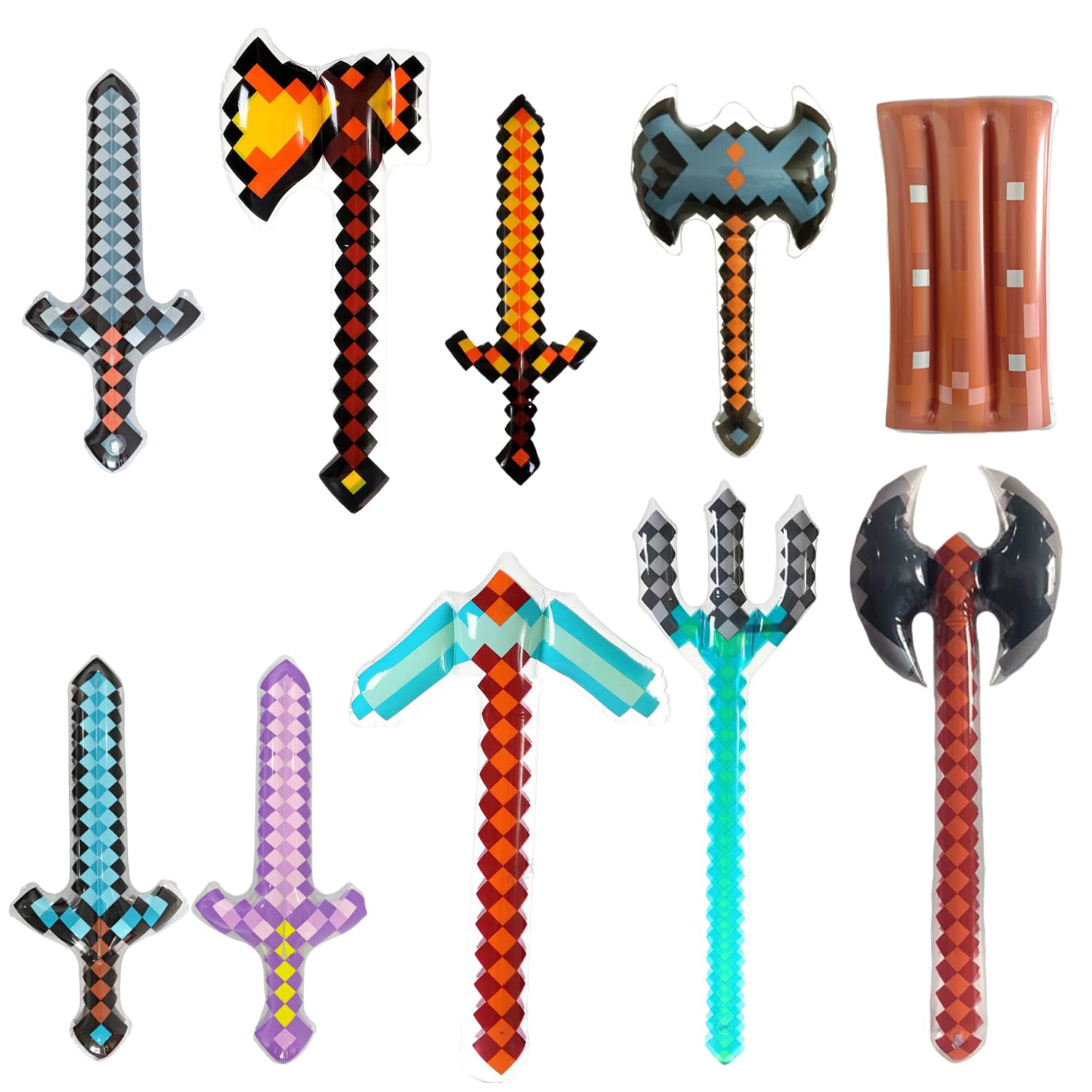 10 Pcs Inflatable Pixel Weapon Set, Includes Pixel Swords, Axes, Trident, Pickaxe & Shield