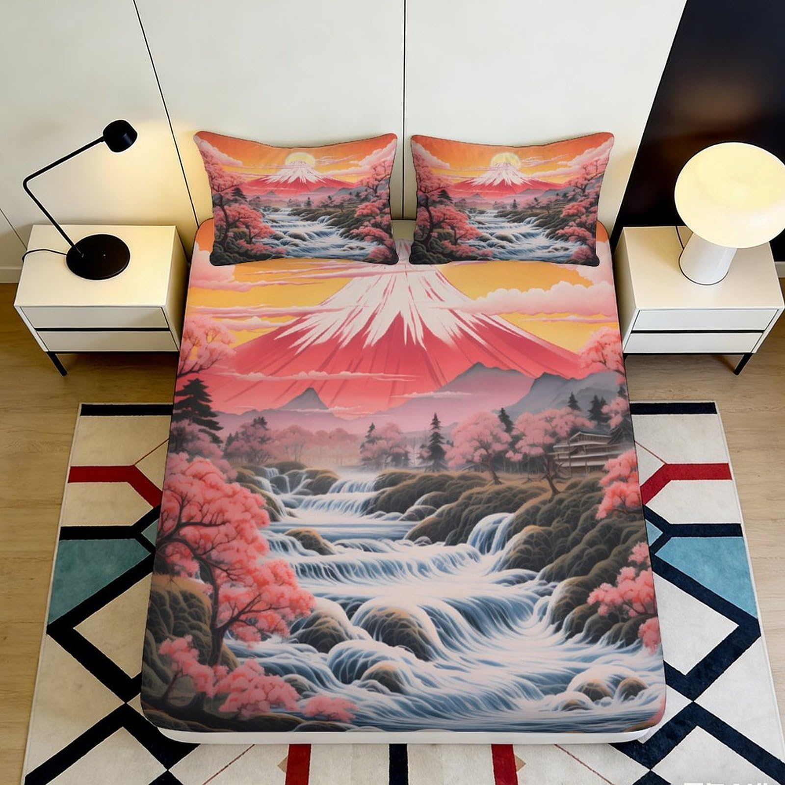 3D Printed Landscape Sunset Fitted Sheet Microfiber Soft Waterfall Mountain Bed Cover for Bedroom Guest Room Decor 90x200x25cm
