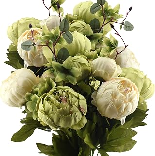 FiveSeasonStuff Artificial Peony Bouquets: 2 Cream Beige Moss Green Silk Flowers for Wedding Centerpieces & Vintage Home Decor